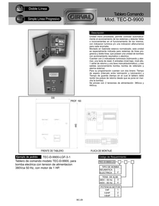 Doble Línea
                                                                                        Tablero Comando
         Simple Línea Progresivo                                                   Mod. TEC-D-9900

                                                                     Descripción
                                                           Unidad micro procesada, permite controlar automatica-
                                                           mente el accionamiento de los sistemas y detectar fallas
                                                           o inconvenientes en el funcionamiento de los mismos,
                                                           con indicacion luminica y/o una indicacion alfanumerica
                                                           para cada anomalia.
                                                           Montado en Gabinete estanco normalizado, esta unidad
                                                           es especialmente indicada para sistemas de linea pro-
                                                           gresiva y doble linea, que posean una unidad de bombeo
                                                           con accionamiento neumatico o electrico.
                                                           Cuentan con 2 indicadores luminosos (lubricando y alar-
                                                           ma), una tecla de reset, 4 entradas (nivel bajo, nivel alto,
                                                           1 señal de retorno y una llave manual/automatico), y tres
                                                           salidas (accionamiento bomba, bomba de rellenado y
                                                           alarma externa)
                                                           Para su programación cuentan con dos timers: Tiempo
                                                           de espera (intervalo entre lubricación y lubricación) y
                                                           Tiempo de guardia (tiempo en el cual el tablero debe
                                                           recibir los pulsos de retorno desde que se pone en mar-
                                                           cha la bomba)
                                                           Se provee con 2 tensiones de alimentación: 380vca y
                                                           440vca.




                            330
                                         PROF: 160



                                                      SIEMENS

                                                      I:123456
                                                        Mo 0 9:0 0

                                                      Q : 1 2 3 4 RUN
                                            440




                     FRENTE DE TABLERO                          PLACA DE MONTAJE

Ejemplo de pedido:   TEC-D-9900-LGF-3-1                                    Código de Requerimiento
Tablero de comando modelo TEC-D-9900, para                                 TEC-D-9900-LG
bomba electrica con tension de alimentacion
                                                                              TIPO DE BOMBA
380Vca 50 Hz, con motor de 1 HP.
                                                                            NEUMATICA     -
                                                                            ELECTRICA     F

                                                                              TENS. DE ALIM.
                                                                            380V - 50 Hz   3
                                                                            440V - 60 Hz   4

                                                                             POTENCIA MOTOR
                                                                                1HP      1
                                                                               1/2HP     2
                                                                               1/6HP     3
                                              BC-28
 
