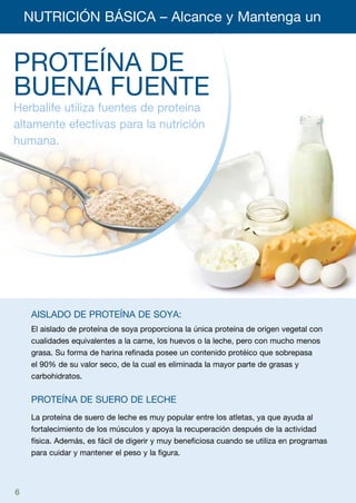 NUTRICIÓN BÁSICA – Alcance y Mantenga un 	


Proteína de
buena fuente
Herbalife utiliza fuentes de proteína
altamente efectivas para la nutrición
humana.




     Aislado de Proteína de Soya:
     El aislado de proteína de soya proporciona la única proteína de origen vegetal con
     cualidades equivalentes a la carne, los huevos o la leche, pero con mucho menos
     grasa. Su forma de harina refinada posee un contenido protéico que sobrepasa
     el 90% de su valor seco, de la cual es eliminada la mayor parte de grasas y
     carbohidratos.


     Proteína de Suero de Leche
     La proteína de suero de leche es muy popular entre los atletas, ya que ayuda al
     fortalecimiento de los músculos y apoya la recuperación después de la actividad
     física. Además, es fácil de digerir y muy beneficiosa cuando se utiliza en programas
     para cuidar y mantener el peso y la figura.




6
 