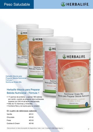 Peso Saludable




Herbalife Mezcla para
Preparar Bebida Nutricional /
Fórmula 1
Nutritional Shake Mix



 Herbalife Mezcla para Preparar
 Bebida Nutricional - Fórmula 1
 •	17 gramos de proteína  y apenas 180 calorías
   por ración, cuando se preparan dos cucharadas
   soperas con 240 ml de leche descremada.
 •	Más de 10 vitaminas y minerales.
 •	Contiene fibra y es buena para su corazón.


 En cuatro de deliciosos sabores:
 Vainilla	   	            	            #0141
 Chocolate	               	            #0142
 Fresa	      	            	            #0143
 Cookies & Cream 	 	                   #0146

 Este producto no tiene el propósito de diagnosticar, tratar, curar, ni prevenir enfermedad alguna.
                                                                                                      7
 