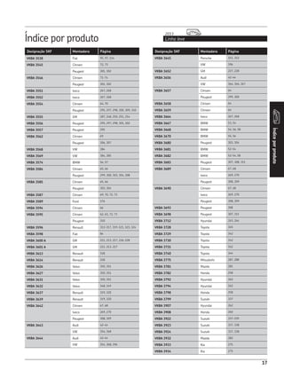 Designação SKF Montadora Página
Índice por produto Linha leve
2013
Índiceporproduto
17
Designação SKF Montadora Página
VKBA 3538 Fiat 95, 97, 114
VKBA 3545 Citroen 72, 73
Peugeot 301, 302
VKBA 3546 Citroen 71-74
Peugeot 301, 302
VKBA 3551 Iveco 267, 268
VKBA 3552 Iveco 267, 268
VKBA 3554 Citroen 64, 70
Peugeot 295, 297, 298, 300, 309, 310
VKBA 3555 GM 187, 248, 250, 251, 254
VKBA 3556 Peugeot 295, 297, 298, 301, 302
VKBA 3557 Peugeot 295
VKBA 3562 Citroen 69
Peugeot 306, 307
VKBA 3568 VW 384
VKBA 3569 VW 384, 385
VKBA 3574 BMW 56, 57
VKBA 3584 Citroen 65, 66
Peugeot 299, 300, 303, 304, 308
VKBA 3585 Citroen 65, 66
Peugeot 303, 304
VKBA 3587 Citroen 69, 70, 72, 73
VKBA 3589 Ford 176
VKBA 3594 Citroen 66
VKBA 3595 Citroen 62, 63, 72, 73
Peugeot 310
VKBA 3596 Renault 313-317, 319-321, 323, 324
VKBA 3598 Fiat 84
VKBA 3600 A GM 211, 213, 217, 226-228
VKBA 3601 A GM 211, 213, 217
VKBA 3613 Renault 318
VKBA 3614 Renault 318
VKBA 3626 Volvo 350, 351
VKBA 3627 Volvo 350, 351
VKBA 3631 Volvo 350, 351
VKBA 3632 Volvo 348, 349
VKBA 3637 Renault 319, 320
VKBA 3639 Renault 319, 320
VKBA 3642 Citroen 67, 68
Iveco 269, 270
Peugeot 308, 309
VKBA 3643 Audi 42-44
VW 354, 368
VKBA 3644 Audi 42-44
VW 354, 368, 396
VKBA 3645 Porsche 311, 312
VW 396
VKBA 3652 GM 227, 228
VKBA 3656 Audi 42-44
VW 364, 366, 367
VKBA 3657 Citroen 64
Peugeot 299, 300
VKBA 3658 Citroen 64
VKBA 3659 Citroen 64
VKBA 3664 Iveco 267, 268
VKBA 3667 BMW 53, 54
VKBA 3668 BMW 54, 56, 58
VKBA 3670 BMW 55, 56
VKBA 3680 Peugeot 303, 304
VKBA 3681 BMW 52-54
VKBA 3682 BMW 52-54, 58
VKBA 3683 Peugeot 307, 308, 311
VKBA 3689 Citroen 67, 68
Iveco 269, 270
Peugeot 308, 309
VKBA 3690 Citroen 67, 68
Iveco 269, 270
Peugeot 308, 309
VKBA 3693 Peugeot 308
VKBA 3698 Peugeot 307, 311
VKBA 3712 Hyundai 263, 264
VKBA 3728 Toyota 345
VKBA 3729 Toyota 342
VKBA 3730 Toyota 342
VKBA 3731 Toyota 342
VKBA 3740 Toyota 344
VKBA 3775 Mitsubishi 287, 288
VKBA 3781 Mazda 281
VKBA 3782 Honda 258
VKBA 3792 Hyundai 262
VKBA 3794 Hyundai 262
VKBA 3798 Honda 258
VKBA 3799 Suzuki 337
VKBA 3907 Hyundai 262
VKBA 3908 Honda 260
VKBA 3922 Suzuki 337-339
VKBA 3923 Suzuki 337, 338
VKBA 3924 Suzuki 337, 338
VKBA 3932 Mazda 282
VKBA 3933 Kia 275
VKBA 3934 Kia 275
 