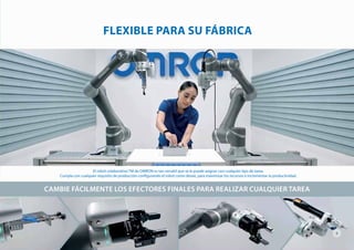 El robot colaborativo TM de OMRON es tan versátil que se le puede asignar casi cualquier tipo de tarea.
Cumpla con cualquier requisito de producción configurando el robot como desee, para maximizar los recursos e incrementar la productividad.
CAMBIE FÁCILMENTE LOS EFECTORES FINALES PARA REALIZAR CUALQUIER TAREA
5
FLEXIBLE PARA SU FÁBRICA
 