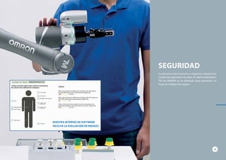 La armonía entre humanos y máquinas requiere los
niveles de seguridad más altos. El robot colaborativo
TM de OMRON se ha diseñado para promover un
lugar de trabajo más seguro.
SEGURIDAD
NUESTRA INTERFAZ DE SOFTWARE
FACILITA LA EVALUACIÓN DE RIESGOS
8
 