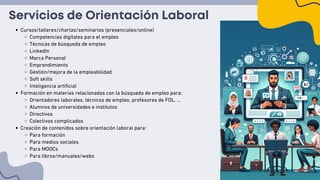 Cursos/talleres/charlas/seminarios (presenciales/online)
Competencias digitales para el empleo
Técnicas de búsqueda de empleo
LinkedIn
Marca Personal
Emprendimiento
Gestión/mejora de la empleabilidad
Soft skills
Inteligencia artificial
Formación en materias relacionadas con la búsqueda de empleo para:
Orientadores laborales, técnicos de empleo, profesores de FOL, …
Alumnos de universidades e institutos
Directivos
Colectivos complicados
Creación de contenidos sobre orientación laboral para:
Para formación
Para medios sociales
Para MOOCs
Para libros/manuales/webs
Servicios de Orientación Laboral
 