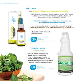 12
La belleza a tu alcance...
»CUERPOENEQUILIBRIO
Té de Limón
“Con Árbol de Té y Extracto de Semilla de Toronja”
El té de limón es rico en vitaminas y minerales tales como
vitamina A, varias vitaminas del grupo B, vitamina C,
manganeso, calcio, magnesio y fósforo.
Del té de hierba de limón se obtiene un aceite esencial.
Auxiliar en alteraciones digestivas.
Los componentes activos principales en su extracto son:
geraniol y citronellol, excelentes antisépticos y bactericidas.
Clorofila Líquida
“Concentrada”
• Reduce el mal aliento y los
malos olores corporales.
• Para personas que requieren
una buena hidratación como
deportistas, niños y adolescentes.
• Previene problemas de anemia.
• Desintoxicante natural.
• Antibacterial.
*Este producto no es un medicamento.
500 mL
Clave S039$185MXN
*Este producto no es un medicamento.
30 mL
Clave S707$185MXN
 