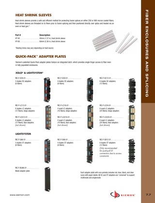 07_Fiber_Enclosure.qxd:ZMax_Catalog                           1/4/10          11:41 AM             Page 8




                                                                                                                                                                                                  FIBER ENCLOSURES AND SPLICING
           HEAT SHRINK SLEEVES
           Heat shrink sleeves provide a safe and efficient method for protecting fusion splices on either 250 or 900 micron coated fibers.
           Heat shrink sleeves are threaded on to fibers prior to fusion splicing and then positioned directly over splice and heated via an
           oven or heat gun.*



           Part #                                     Description
           HT-40 . . . . . . . . . . . . . . . . . . . . 40mm (1.57 in.) heat shrink sleeve
           HT-60 . . . . . . . . . . . . . . . . . . . . 60mm (2.36 in.) heat shrink sleeve


           *Heating times may vary depending on heat source.



           QUICK-PACK™ ADAPTER PLATES
           Siemon’s patented Quick-Pack adapter plates feature an integrated latch, which provides single-finger access to fiber even
           in fully populated enclosures.


           XGLO® & LIGHTSYSTEM®

           RIC-F-SC6-01 . . . . . . . . . . . . . .                           RIC-F-SC8-01 . . . . . . . . . . . . . .                         RIC-F-SC12-01 . . . . . . . . . . . . .
           3 duplex SC adapters                                               4 duplex SC adapters                                             6 duplex SC adapters
           (6 fibers)                                                         (8 fibers)                                                       (12 fibers)




           RIC-F-LC12-01 . . . . . . . . . . . . .                            RIC-F-LC16-01 . . . . . . . . . . . . .                          RIC-F-LC24-01 . . . . . . . . . . . . .
           6 duplex LC adapters                                               4 quad LC adapters                                               6 quad LC adapters
           (12 fibers), beige adapters                                        (16 fibers), beige adapters                                      (24 fibers), beige adapters

           RIC-F-LCU12-01 . . . . . . . . . . . .                             RIC-F-LCU16-01 . . . . . . . . . . . .                           RIC-F-LCU24-01 . . . . . . . . . . . .
           6 duplex LC adapters                                               4 quad LC adapters                                               6 quad LC adapters
           (12 fibers), blue adapters                                         (16 fibers), blue adapters                                       (24 fibers), blue adapters
           (not shown)                                                        (not shown)                                                      (not shown)



           LIGHTSYSTEM

           RIC-F-SA6-01 . . . . . . . . . . . . . .                           RIC-F-SA8-01 . . . . . . . . . . . . . .                         RIC-F-SA12-01 . . . . . . . . . . . . .
           3 duplex ST adapters                                               4 duplex ST adapters                                             6 duplex ST adapters
           (6 fibers)                                                         (8 fibers)                                                       (12 fibers)
                                                                                                                                               Only recommended
                                                                                                                                               for push-pull ST
                                                                                                                                               connectors due to access
                                                                                                                                               constraints




           RIC-F-BLNK-01 . . . . . . . . . . . . .
           Blank adapter plate
                                                                                                                     Each adapter plate with icon pockets includes red, blue, black, and clear
                                                                                                                     icons with paper labels. All SC and ST adapters are “universal” to support
                                                                                                                     multimode and singlemode.




      www.siemon.com                                                                                                                                                                                      7.7
 