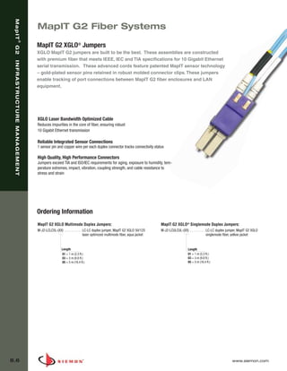08_MapIT_G2.qxd:ZMax_Catalog                               1/4/10       11:44 AM         Page 7




    MapIT



                                MapIT G2 Fiber Systems
                     ®




                                MapIT G2 XGLO® Jumpers
    G2




                                XGLO MapIT G2 jumpers are built to be the best. These assemblies are constructed
                                with premium fiber that meets IEEE, IEC and TIA specifications for 10 Gigabit Ethernet
    INFRASTRUCTURE MANAGEMENT




                                serial transmission. These advanced cords feature patented MapIT sensor technology
                                – gold-plated sensor pins retained in robust molded connector clips. These jumpers
                                enable tracking of port connections between MapIT G2 fiber enclosures and LAN
                                equipment.




                                XGLO Laser Bandwidth Optimized Cable
                                Reduces impurities in the core of fiber, ensuring robust
                                10 Gigabit Ethernet transmission

                                Reliable Integrated Sensor Connections
                                1 sensor pin and copper wire per each duplex connector tracks connectivity status

                                High Quality, High Performance Connectors
                                Jumpers exceed TIA and ISO/IEC requirements for aging, exposure to humidity, tem-
                                perature extremes, impact, vibration, coupling strength, and cable resistance to
                                stress and strain




                                Ordering Information
                                MapIT G2 XGLO Multimode Duplex Jumpers:                                             MapIT G2 XGLO® Singlemode Duplex Jumpers:
                                M-J2-LCLC5L-(XX) . . . . . . . . . . LC-LC duplex jumper, MapIT G2 XGLO 50/125      M-J2-LCULCUL-(XX) . . . . . . . . . LC-LC duplex jumper, MapIT G2 XGLO
                                                                     laser optimized multimode fiber, aqua jacket                                       singlemode fiber, yellow jacket


                                                  Length                                                                               Length
                                                  01 = 1 m (3.3 ft.)                                                                   01 = 1 m (3.3 ft.)
                                                  03 = 3 m (9.8 ft.)                                                                   03 = 3 m (9.8 ft.)
                                                  05 = 5 m (16.4 ft.)                                                                  05 = 5 m (16.4 ft.)




  8.6                                                                                                                                                                  www.siemon.com
 