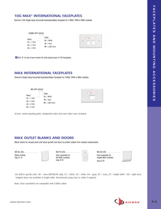 09_FP_Mounting.qxd:ZMax_Catalog                      2/12/10            4:11 PM           Page 6




                                                                                                                                                           F A C E P L AT E S A N D M O U N T I N G A C C E S S O R I E S
          10G MAX® INTERNATIONAL FACEPLATES
          Siemon’s 10G Single-Gang horizontal Australian/Italian faceplate for Z-MAX, TERA or MAX modules




                                10GMX-HFP-(XX)(X)
                                                     Color:
                               Ports:
                                                     02 = White
                               01 = 1 Port
                                                     20 = Ivory
                               02 = 2 Port
                                                     80 = Light Ivory
                               03 = 3 Port




              Add “B” to end of part number for bulk project pack of 100 faceplates.




          MAX INTERNATIONAL FACEPLATES
          Siemon’s Single-Gang horizontal Australian/Italian faceplate for Z-MAX, TERA or MAX modules




                                    MX-HFP-(XX)(X)
                                                     Color:
                             Ports:
                                                     02 = White
                             01 = 1 Port
                                                     20 = Ivory
                             02 = 2 Port
                                                     80 = Light Ivory
                             03 = 4 Port
                             04 = 3 Port


          Screws, metal mounting plate, designation label and clear label cover included.




          MAX OUTLET BLANKS AND DOORS
          Blank inserts for unused ports and future growth and doors to protect outlets from outside contaminants.



          MX-BL-(XX). . . . . . . . . . . . . . .                       MX-FD-(XX). . . . . . . . . . . . . . .   MX-AD-(XX) . . . . . . . . . . . . . .
          Blank module,                                                 Door assembly for                         Door assembly for
          bag of 10                                                     flat MAX modules,                         angled MAX modules,
                                                                        bag of 20                                 bag of 20




          Use (XX) to specify color: 00 = clear (MX-AD-XX only), 01 = black, 02 = white, 04 = gray, 20 = ivory, 25 = bright white*, 80 = light ivory
          *Angled doors not available in bright white. Recommend using clear or white if required.

          Note: Door assemblies not compatible with Z-MAX outlets




      www.siemon.com                                                                                                                                       9.5
 