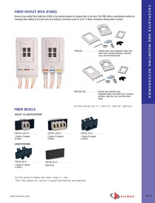 09_FP_Mounting.qxd:ZMax_Catalog                 2/12/10       4:12 PM           Page 12




                                                                                                                                                                                         F A C E P L AT E S A N D M O U N T I N G A C C E S S O R I E S
          FIBER OUTLET BOX (FOB2)
          Siemon’s low-profile Fiber Outlet Box (FOB2) is the optimal solution for bringing fiber to the desk. The FOB2 offers a well-defined method for
          managing fiber cabling at the work area by providing a connection point for up to 12 fibers connectors utilizing slide-in bezels.




                                                                                          FOB2-(XX) . . . . . . . . . . . . . . . . . Includes base, cover, designation labels, clear
                                                                                                                                      label covers, mounting hardware, cable ties,
                                                                                                                                      icons, and three blank bezels




                                                                                          FOB2-GRD-(XX) . . . . . . . . . . . . . Includes base, extended cover,
                                                                                                                                  designation labels, clear label covers, mounting
                                                                                                                                  hardware, cable ties, icons, and three blank
                                                                                                                                  bezels


                                                                                          Use (XX) to specify color: 01 = black, 02 = white, 80 = light ivory
          FIBER BEZELS
          XGLO® & LIGHTSYSTEM®




          FOB-BZL-LC(X)1-01 . . . . . . . .          FOB-BZL-LC(X)-01 . . . . . . . . .             FOB-BZL-SC-01 . . . . . . . . . . .
          1 Duplex LC adapter,                       2 Duplex LC adapters,                          1 Duplex SC adapter,
          (2 fibers)                                 (4 fibers)                                     (2 fibers)*

          LIGHTSYSTEM




          FOB-BZL-SA-01 . . . . . . . . . . .     FOB-BZL-BL-01 . . . . . . . . . . .
          1 Duplex ST adapter,                    Blank bezel
          (2 fibers)*



          Use (X) to specify LC adapter color: blank = beige, U = blue
          *Note: Fiber adapters are “universal” to support both multimode and singlemode.




      www.siemon.com                                                                                                                                                                    9.11
 