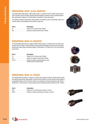 11_Industrial.qxd:ZMax_Catalog                      1/4/10           12:03 PM             Page 3




    INDUSTRIAL



                 INDUSTRIAL MAX® 6/6A OUTLETS
                 The Industrial MAX outlet features a MAX module housed in a protective shell. The outlet’s outer housing is
                 made of durable, chemical-resistant, industrial-grade thermoplastic and features Siemon’s patented bayonet-
                 style mating design. Category 6 or 6A performance is guaranteed in harsh environments.
                 The industrial connector’s bayonet-style mating prevents over-tightening which could damage contact pins
                 inside the outlet or under-tightening which prevents a proper seal.



                 Part #                                  Description
                 X6 . . . . . . . . . . . . . . . . . . . . . . . Category 6 UTP, industrial outlet, T568A/B
                 X6S . . . . . . . . . . . . . . . . . . . . . . Category 6A shielded industrial outlet, T568A/B




                 INDUSTRIAL MAX 5e OUTLETS
                 The Industrial MAX outlet features a category 5e MAX module housed in a protective shell. The outlet’s outer
                 housing is made of durable, chemical-resistant, industrial-grade thermoplastic and features Siemon’s patented
                 bayonet-style mating design. Guaranteed category 5e performance to 160 MHz even in the most punishing
                 environments.



                 Part #                                  Description
                 X5 . . . . . . . . . . . . . . . . . . . . . . . Category 5e UTP, industrial outlet, T568A/B
                 X5S . . . . . . . . . . . . . . . . . . . . . . Category 5e shielded, industrial outlet, T568A/B
                 X5-X5S . . . . . . . . . . . . . . . . . . . Category 5e shielded, industrial bulkhead coupler
                                                                  (Industrial outlet to industrial outlet)




                 INDUSTRIAL MAX 5e PLUGS
                 The Industrial MAX Plug features a category 5e modular plug contained in Siemon’s industrial-grade housing
                 with patented bayonet-style mating design. The plug can be terminated in the field, allowing custom lengths to
                 be assembled quickly on site in the event a cable is cut or damaged. It terminates twisted-pair cable with 22 –
                 26 AWG (0.64 – 0.40mm) solid or 7-strand conductors with an insulated conductor diameter of 0.86 – 0.99mm.



                 Part #                                  Description
                 XP85 . . . . . . . . . . . . . . . . . . . . . Category 5e UTP, industrial plug, 8-position, 8-contacts
                 XP85S . . . . . . . . . . . . . . . . . . . . Category 5e shielded, industrial plug, 8-position, 8-contacts




  11.2                                                                                                                             www.siemon.com
 