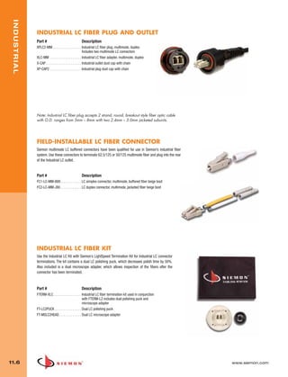 11_Industrial.qxd:ZMax_Catalog                      1/4/10          12:04 PM             Page 7



    INDUSTRIAL



                 INDUSTRIAL LC FIBER PLUG AND OUTLET
                 Part #                                 Description
                 XPLC2-MM . . . . . . . . . . . . . . . . Industrial LC fiber plug, multimode, duplex.
                                                            Includes two multimode LC connectors
                 XLC-MM . . . . . . . . . . . . . . . . . . Industrial LC fiber adapter, multimode, duplex
                 X-CAP . . . . . . . . . . . . . . . . . . . . Industrial outlet dust cap with chain
                 XP-CAP2 . . . . . . . . . . . . . . . . . . Industrial plug dust cap with chain




                 Note: Industrial LC fiber plug accepts 2 strand, round, breakout style fiber optic cable
                 with O.D. ranges from 5mm – 8mm with two 2.4mm – 3.0mm jacketed subunits.




                 FIELD-INSTALLABLE LC FIBER CONNECTOR
                 Siemon multimode LC buffered connectors have been qualified for use in Siemon’s industrial fiber
                 system. Use these connectors to terminate 62.5/125 or 50/125 multimode fiber and plug into the rear
                 of the Industrial LC outlet.


                 Part #                                 Description
                 FC1-LC-MM-B80. . . . . . . . . . . . LC simplex connector, multimode, buffered fiber beige boot
                 FC2-LC-MM-J80 . . . . . . . . . . . . LC duplex connector, multimode, jacketed fiber beige boot




                 INDUSTRIAL LC FIBER KIT
                 Use the Industrial LC Kit with Siemon’s LightSpeed Termination Kit for Industrial LC connector
                 terminations. The kit contains a dual LC polishing puck, which decreases polish time by 50%.
                 Also included is a dual microscope adapter, which allows inspection of the fibers after the
                 connector has been terminated.



                 Part #                                 Description
                 FTERM-XLC . . . . . . . . . . . . . . . . Industrial LC fiber termination kit used in conjunction
                                                           with FTERM-L2 includes dual polishing puck and
                                                           microscope adapter
                 FT-LC2PUCK . . . . . . . . . . . . . . . Dual LC polishing puck
                 FT-MSLC2HEAD. . . . . . . . . . . . . Dual LC microscope adapter




  11.6                                                                                                                 www.siemon.com
 