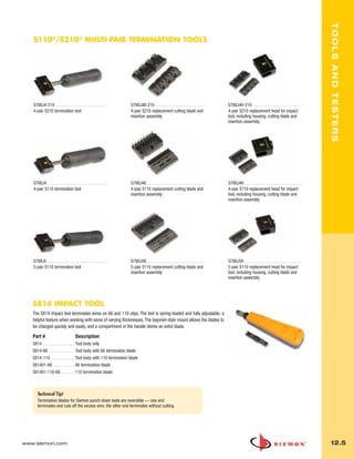 012_Tools.qxd:ZMax_Catalog                         1/4/10             12:08 PM    Page 6




                                                                                                                                                                                                                 TOOLS AND TESTERS
          S110®/S210® MULTI-PAIR TERMINATION TOOLS




          S788J4-210 . . . . . . . . . . . . . . . . . . . . . . . .             S788J4B-210 . . . . . . . . . . . . . . . . . . . . . . .       S788J4H-210 . . . . . . . . . . . . . . . . . . . . . . .
          4-pair S210 termination tool                                           4-pair S210 replacement cutting blade and                       4-pair S210 replacement head for impact
                                                                                 insertion assembly                                              tool, including housing, cutting blade and
                                                                                                                                                 insertion assembly




          S788J4 . . . . . . . . . . . . . . . . . . . . . . . . . . . .         S788J4B . . . . . . . . . . . . . . . . . . . . . . . . . . .   S788J4H . . . . . . . . . . . . . . . . . . . . . . . . . . .
          4-pair S110 termination tool                                           4-pair S110 replacement cutting blade and                       4-pair S110 replacement head for impact
                                                                                 insertion assembly                                              tool, including housing, cutting blade and
                                                                                                                                                 insertion assembly




          S788J5 . . . . . . . . . . . . . . . . . . . . . . . . . . . .         S788J5B . . . . . . . . . . . . . . . . . . . . . . . . . . .   S788J5H . . . . . . . . . . . . . . . . . . . . . . . . . . .
          5-pair S110 termination tool                                           5-pair S110 replacement cutting blade and                       5-pair S110 replacement head for impact
                                                                                 insertion assembly                                              tool, including housing, cutting blade and
                                                                                                                                                 insertion assembly




          S814 IMPACT TOOL
          The S814 impact tool terminates wires on 66 and 110 clips. The tool is spring-loaded and fully adjustable; a
          helpful feature when working with wires of varying thicknesses. The bayonet-style mount allows the blades to
          be changed quickly and easily, and a compartment in the handle stores an extra blade.

          Part #                             Description
          S814 . . . . . . . . . . . . . . . Tool body only
          S814-66 . . . . . . . . . . . . Tool body with 66 termination blade
          S814-110 . . . . . . . . . . . Tool body with 110 termination blade
          S81401-66 . . . . . . . . . . 66 termination blade
          S81401-110-88. . . . . . . 110 termination blade



             Technical Tip!
             Termination blades for Siemon punch down tools are reversible — one end
             terminates and cuts off the excess wire, the other end terminates without cutting.




      www.siemon.com                                                                                                                                                                                             12.5
 