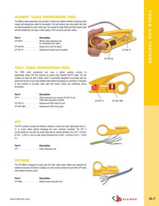 012_Tools.qxd:ZMax_Catalog                     1/4/10           12:08 PM           Page 8




                                                                                                                                                     TOOLS AND TESTERS
          ALLPREP™ CABLE PREPARATION TOOL
          The AllPrep cable preparation tool provides a robust and reliable method of preparing both
          coaxial and twisted-pair cable for termination. The tool features two color-coded dies that
          are interchangeable for each media type. The coaxial die strips RG59 and RG6 coaxial cable
          and the twisted-pair die strips a wide variety of UTP, screened and fiber cables.


          Part #                                   Description
          CPT-RGTP . . . . . . . . . . . . . . . . . AllPrep cable preparation tool
                                                     for coax/twisted pair cables
          CPT-DIE-RG . . . . . . . . . . . . . . . . Replacement coax die (black)
          CPT-DIE-TP . . . . . . . . . . . . . . . . Replacement twisted-pair die (yellow)                                              CPT-DIE-TP



                                                                                                                      CPT-DIE-RG



          TERA® CABLE PREPARATION TOOL
          The TERA cable preparation tool uses a patent pending process to
          significantly reduce the time required to prepare fully shielded (S/FTP) cable. The tool
          includes an insert die with a blade, which is specifically designed to accurately strip the
          jacket and foil from 4-pair fully shielded cable without damaging the conductors. A template
          is also included to pre-align cable pairs and ensure proper pair positioning during
          termination.


          Part #                                   Description
          CPT-T . . . . . . . . . . . . . . . . . . . . TERA preparation tool. Includes CPT-DIE-T4 and
                                                        TERA cable preparation template                  CPT-DIE-T4           CPT-DIE-TMPL
          CPT-DIE-T4 . . . . . . . . . . . . . . . . Replacement TERA cable die (red)
          CPT-DIE-TMPL. . . . . . . . . . . . . . Replacement TERA wiring guide




          CPT
          The CPT provides a simple and effective method to remove the outer cable jacket from 2-,
          3-, or 4-pair cables without damaging the inner conductor insulation. The CPT is
          recommended for use with any round cable with an exterior diameter from 2.54 – 6.35mm
          (0.100 – 0.250 in.) and an outer jacket thickness from 0.380 – 0.635mm (0.015 – 0.025
          in.).


          Part #                                   Description
          CPT . . . . . . . . . . . . . . . . . . . . . . Cable preparation tool




          CPT-WEB
          The CPT-WEB is designed to easily strip the outer cable jacket, flatten and separate the
          webbed conductors of Siemon’s category 5e cross-connect jumper wire and other UTP cable
          with webbed conductor pairs.


          Part #                                   Description
          CPT-WEB. . . . . . . . . . . . . . . . . . Webbed cable preparation tool




      www.siemon.com                                                                                                                                   12.7
 