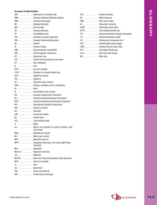 013_Glossary.qxd:ZMax_Catalog                 1/4/10        12:11 PM          Page 4




                                                                                                                                                                           GLOSSARY
          Acronyms & Abbreviations
          ACR . . . . . . . . . . . . . . Attenuation-to-crosstalk ratio                       PVC . . . . . . . . . . . . . . . Polyvinyl chloride
          ANSI . . . . . . . . . . . . . . American National Standards Institute               RF . . . . . . . . . . . . . . . . Radio frequency
          AWG . . . . . . . . . . . . . . American wire gauge                                  RMS . . . . . . . . . . . . . . Rack mount space
          BD . . . . . . . . . . . . . . . Building distributor                                SC . . . . . . . . . . . . . . . Subscriber connector
          BER . . . . . . . . . . . . . . Bit Error Rate                                       SOHO . . . . . . . . . . . . . Small office home office
          CD . . . . . . . . . . . . . . . Campus distributor                                  S/FTP . . . . . . . . . . . . . Fully shielded twisted-pair
          CP . . . . . . . . . . . . . . . Consolidation point                                 TIA . . . . . . . . . . . . . . . Telecommunications Industry Association
          CPE . . . . . . . . . . . . . . . Customer premises equipment                        TO . . . . . . . . . . . . . . . Telecommunications outlet
          CSA . . . . . . . . . . . . . . Canadian Standards Association                       UL® . . . . . . . . . . . . . . . Underwriters Laboratories Inc.®
          dB . . . . . . . . . . . . . . . . Decibel                                           UPS . . . . . . . . . . . . . . Uninterruptible power supply
          EF . . . . . . . . . . . . . . . . Entrance facility                                 USOC . . . . . . . . . . . . . Universal Service Order Code
          EMC . . . . . . . . . . . . . . Electromagnetic compatibility                        UTP . . . . . . . . . . . . . . . Unshielded twisted-pair
          EMI . . . . . . . . . . . . . . . Electromagnetic interference                       Vrms . . . . . . . . . . . . . . Volts root mean square
          ER . . . . . . . . . . . . . . . . Equipment room                                    WA . . . . . . . . . . . . . . . Work area
          FCC . . . . . . . . . . . . . . Federal Communications Commission
          FD . . . . . . . . . . . . . . . Floor distributor
          ft. . . . . . . . . . . . . . . . . Feet
          FEXT . . . . . . . . . . . . . . Far-end crosstalk
          F/UTP . . . . . . . . . . . . . Shielded or screened twisted-pair
          Gb/s . . . . . . . . . . . . . . Gigabit per second
          GHz . . . . . . . . . . . . . . Gigahertz
          HC . . . . . . . . . . . . . . . Horizontal cross-connect
          HVAC . . . . . . . . . . . . . Heating, ventilation and air conditioning
          Hz . . . . . . . . . . . . . . . . Hertz
          IC . . . . . . . . . . . . . . . . Intermediate cross-connect
          IDC . . . . . . . . . . . . . . . Insulation displacement connection
          IEC . . . . . . . . . . . . . . . International Electrotechnical Commission
          IEEE® . . . . . . . . . . . . . Institute of Electrical and Electronic Engineers®
          ISO . . . . . . . . . . . . . . . International Standards Organization
          Kb/s . . . . . . . . . . . . . . Kilobit per second
          Km . . . . . . . . . . . . . . . Kilometer
          LAN . . . . . . . . . . . . . . Local area network
          lbf . . . . . . . . . . . . . . . . Pounds force
          LED . . . . . . . . . . . . . . . Light emitting diode
          m . . . . . . . . . . . . . . . . Meter
          μm . . . . . . . . . . . . . . . Micron; one millionth of a meter (0.000001); also
                                              micrometer
          Mb/s . . . . . . . . . . . . . . Megabits per second
          MC . . . . . . . . . . . . . . . Main cross-connect
          MPO . . . . . . . . . . . . . . Multi-fiber push on
          MTP® . . . . . . . . . . . . . . Registered trademark of US Connec MPO-Style
                                              Connector
          MHz . . . . . . . . . . . . . . Megahertz
          MHz*km . . . . . . . . . . . Megahertz kilometer
          mm . . . . . . . . . . . . . . . Millimeter
          MuTOA . . . . . . . . . . . . Multi-user Telecommunications Outlet Assembly
          NEXT . . . . . . . . . . . . . Near-end crosstalk
          Ω . . . . . . . . . . . . . . . . Ohm
          nm . . . . . . . . . . . . . . . Nanometer
          POE . . . . . . . . . . . . . . Power over Ethernet
          PBX . . . . . . . . . . . . . . Private branch exchange




      www.siemon.com                                                                                                                                                       13.3
 