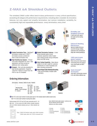 02_ZMax.qxd:02_ZMAX          2/12/10          3:18 PM           Page 6




                                                                                                                                                                                                                Z-MAX ™ 6A SHIELDED
          Z-MAX 6A Shielded Outlets
          The shielded Z-MAX outlet offers best-in-class performance in every critical specification,
          exceeding all category 6A performance requirements, including alien crosstalk. Its innovative
          features not only speed and simplify termination, but remove installation variability for
          consistently high and repeatable performance - every termination, every time!



                                                              3
                                                                                                                                                                     Flexibility and
                                                                                                                                                                     Simplified Ordering
                                                                                                                                                                     A single hybrid outlet supports
                                                                                                    4
                                                                                         2                                                                           both angled and flat mounting
                                                                                                                                                                     orientations


                             1                                                                                     6                                                 Enhanced Shielding
                                                                                                                                                                     Effectiveness
                                                                         5
                                                                                                                                                                     High level of shielded effectiveness
                                                                                                                                                                     exceeds ISO 360 degree shielding
                                                                                                                                                                     requirements via die cast housing and
           1    Fastest Termination Time – Zero-Cross™                    4   Guided Termination Features – Linear                                                   hinged cable retention/grounding clip
                termination module and Z-TOOL™                                lacing channels guide correct
                termination process combine for                               conductor placement while 2-sided
                best-in-class termination time                                color-coding provide wiring verification                                               100% jack-to-jack
                                                                              before and after lacing                                                                plastic isolation
           2    High-Visibility Icon System – Printed
                                                                                                                                                                     Plastic bezels prevent contact between
                icons allow designation for voice / data
                                                                         5    Color Coding Capability – Bezel allows                                                 metal housings when side stacking to
                applications and also provide an
                                                                              outlets to be color coded for customer                                                 ensure ground quality and ANEXT
                additional color coding option
                                                                              identification to match faceplates and                                                 performance
           3    Compact – Slim and side-stackable for                         other mounting accessories
                high-density applications. Supports
                                                                         6    Robust Hinged Cable Retention/Grounding                                                Quick-Ground™
                “pass-thru” feature to mount from the
                                                                              – Clip accommodates multiple cable                                                     Termination
                front or rear of a faceplate
                                                                                diameters                                                                            Cable shield is automatically terminated
                                                                                                                                                                     to the outlet without additional steps

          Ordering Information:
                Z6A-S(X)(XX) - Shielded Z-MAX 6A outlet, T568A/B
                                                     Bezel Color
                                                     01 = Black       07 = Green
                          Mounting Style             02 = White       09 = Orange
                        (Blank) = Hybrid Flat/Angled 03 = Red         20 = Ivory
                        K = Keystone                 04 = Gray        80 = Light Ivory
                                                     05 = Yellow
                                                                                                  Hybrid                        Keystone
                                                     06 = Blue

               Add “B” to end of part number for bulk project pack of 100 modules (hybrid outlets include icons).
               Add “D” to end of part number for spring door option.

          Outlet terminates S/FTP, F/FTP and F/UTP cable constructions with 23 – 26                 Each Z-MAX 6A hybrid outlet includes 1 printed icon set
                                                                                                    with the following color/print options.
          AWG (0.64 – 0.51mm) solid and 26 AWG (0.48mm) stranded conductors,
                                                                                                    Additional color options available.
          with up to 0.60mm diameter conductors and up to 1.48mm diameter over
                                                                                                                                                                                       Front
          insulation.
                                                                                                    1 - Red Data                    1 - Red Voice
                                                                                                    1 - Blue Data                   1 - Blue Voice
                                                                                                    1 - Bezel Color-matching Data   1 - Bezel Color-Matching Voice
                           Note: Z-MAX 6A Shielded outlets utilize MAX faceplates                   1 - White Blank                 1 - Bezel Color-Matching Blank
                                   Z-MAX outlets utilize the Z-TOOL termination tool.                                                                                                  Rear




      www.siemon.com                                                                                                                                                                                            2.5
 