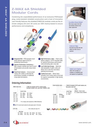 02_ZMax.qxd:02_ZMAX                        2/12/10             3:19 PM            Page 7




    Z-MAX ™ 6A SHIELDED


                          Z-MAX 6A Shielded
                          Modular Cords
                          Combining the unparalleled performance of an exclusive PCB-based
                          plug, noise-resistant shielded construction and a host of innovative
                          user friendly features, the shielded Z-MAX 6A modular cords are the ul-                                                                         Excellent Bend Relief
                          timate category 6A cord. All cords are 100% factory-tested to ensure                                                                            Boot ensures proper bend relief
                          performance and compliance.                                                                                                                     and maintains minimum bend
                                                                                                                                                                          radius requirements




                                                                                                           5
                                                                                                                              4



                                                                        1
                                                                                      2
                                                                                                                                                                           Colored Clips
                                                                                                                                                                           Removable clips allow field color
                                                3                                                                                                                          coding even when cords are
                                                                                                                          6                                                connected




                          1      Integrated PCB – PCB equipped smart                                  4        High Performance Cable – Patch cords
                                 plugs optimize signal tuning for                                              feature category 7 S/FTP stranded cable
                                 exceptional transmission                                                      for optimal transmission performance
                          2      Superior Performance Consistency –                                            while eliminating alien cross-talk
                                 Rear contacts maintain pair twist to point                           5        Low Profile Boot Design – Optimizes
                                 of termination and provide robust strain                                      side-stackability of patch cords and
                                                                                                                                                                            Solid Cord Option
                                 relief                                                                        allows use in even the most dense
                                                                                                                                                                            Solid F/UTP assemblies are
                          3      Fixed Front Contacts – Ensure proper                                          patching environments
                                                                                                                                                                            available for consolidation point
                                 mating with outlets to eliminate the                                  6       Cantilevered Latch – Allows latch                            and equipment cord applications
                                 performance variability of traditional                                        activation from further back on the boot
                                 crimp-style terminations                                                      for superior accessibility in high density
                                                                                                               environments


                          Ordering Information:
                                                                                                                                     ZC6A-S(XX)(X)-(X)(X) . . . . . . Z-MAX 6A shielded (F/UTP) solid modular cord,
                              ZM6A-S(XX)-(XX) . . . . . . . . . Z-MAX 6A shielded (S/FTP), double-ended,                                                              blue jacket, clear boot
                                                                stranded modular cord, clear boot, T568A/B, LS0H
                                                                                                                                                                                        Plugs
                                                  Jacket Color                                                                                                      Jacket Type         (Blank) = Single-ended
                              Length                                                                                                                                P = Plenum          D = Double-ended (T568A/B)
                                                   01 = Black        05 = Yellow
                              03 = 3 ft.*          02 = White        06 = Blue                                                        Length        Wiring          R = Riser
                              05 = 5 ft.*          03 = Red          07 = Green                                                       10 = 10 ft.   A = T568B
                              07 = 7 ft.           04 = Gray         09 = Orange                                                      20 = 20 ft.   T = T568A
                              10 = 10 ft.                                                                                             30 = 30 ft.
                              15 = 15 ft.                                                                                             40 = 40 ft.
                              20 = 20 ft.         * 7ft. or longer cords required for Z-MAX 6A Warranty                               50 = 50 ft.
                                                                                                                                      60 = 60 ft.
                                  Add “B” to end of part number for bulk project pack of 100 cords.


                              CLIP-(XX) . . . . . . . . . . . . . . . . . . Color coding clip, bag of 25

                                             Clip Color
                                            01 = Black        03 = Red 05 = Yellow            07 = Green
                                            02 = White        04 = Gray 06 = Blue             09 = Orange




  2.6                                                                                                                                                                                             www.siemon.com
 
