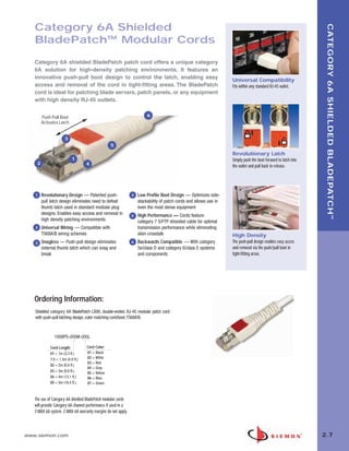 02_ZMax.qxd:02_ZMAX         2/12/10        3:19 PM        Page 8




          Category 6A Shielded




                                                                                                                                                                        CATEGORY 6A SHIELDED BLADEPATCH ™
          BladePatch™ Modular Cords

          Category 6A shielded BladePatch patch cord offers a unique category
          6A solution for high-density patching environments. It features an
          innovative push-pull boot design to control the latch, enabling easy
                                                                                                                          Universal Compatibility
          access and removal of the cord in tight-fitting areas. The BladePatch                                           Fits within any standard RJ-45 outlet.
          cord is ideal for patching blade servers, patch panels, or any equipment
          with high density RJ-45 outlets.


               Push-Pull Boot                                                  6
               Activates Latch


                             3
                                                        5
                                                                                                                          Revolutionary Latch
                                  1                                                                                       Simply push the boot forward to latch into
           2                              4                                                                               the outlet and pull back to release.




          1    Revolutionary Design — Patented push-                  4   Low Profile Boot Design — Optimizes side-
               pull latch design eliminates need to defeat                stackability of patch cords and allows use in
               thumb latch used in standard modular plug                  even the most dense equipment
               designs. Enables easy access and removal in            5   High Performance — Cords feature
               high density patching environments                         category 7 S/FTP stranded cable for optimal
          2    Universal Wiring — Compatible with                         transmission performance while eliminating
               T568A/B wiring schemes                                     alien crosstalk                                 High Density
          3    Snagless — Push-pull design eliminates                 6   Backwards Compatible — With category            The push-pull design enables easy access
               external thumb latch which can snag and                    5e/class D and category 6/class E systems       and removal via the push/pull boot in
               break                                                      and components                                  tight-fitting areas.




          Ordering Information:
          Shielded category 6A BladePatch LS0H, double-ended, RJ-45 modular patch cord
          with push-pull latching design, color matching cord/boot, T568A/B.



                      10GBPS-(XX)M-(XX)L

                   Cord Length:           Cord Color:
                   01 = 1m (3.3 ft.)      01 = Black
                   1.5 = 1.5m (4.9 ft.)   02 = White
                                          03 = Red
                   02 = 2m (6.6 ft.)
                                          04 = Gray
                   03 = 3m (9.8 ft.)      05 = Yellow
                   04 = 4m (13.1 ft.)     06 = Blue
                   05 = 5m (16.4 ft.)     07 = Green



          The use of Category 6A shielded BladePatch modular cords
          will provide Category 6A channel performance if used in a
          Z-MAX 6A system. Z-MAX 6A warranty margins do not apply.



      www.siemon.com                                                                                                                                                   2.7
 