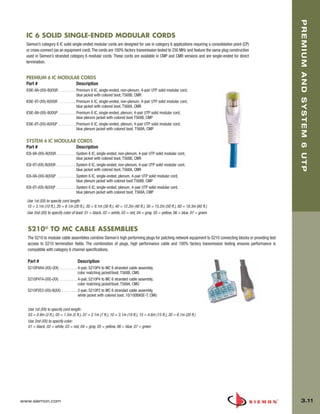 03_Premium6_UTP.qxd:ZMax_Catalog                    1/4/10        11:20 AM          Page 12




                                                                                                                                                                  PREMIUM AND SYSTEM 6 UTP
         IC 6 SOLID SINGLE-ENDED MODULAR CORDS
         Siemon’s category 6 IC solid single-ended modular cords are designed for use in category 6 applications requiring a consolidation point (CP)
         or cross-connect (as an equipment cord). The cords are 100% factory transmission tested to 250 MHz and feature the same plug construction
         used in Siemon’s stranded category 6 modular cords. These cords are available in CMP and CMR versions and are single-ended for direct
         termination.


         PREMIUM 6 IC MODULAR CORDS
         Part #             Description
         IC6E-8A-(XX)-B(XX)R . . . . . . . . . Premium 6 IC, single-ended, non-plenum, 4-pair UTP solid modular cord,
                                               blue jacket with colored boot, T568B, CMR
         IC6E-8T-(XX)-B(XX)R . . . . . . . . . Premium 6 IC, single-ended, non-plenum, 4-pair UTP solid modular cord,
                                               blue jacket with colored boot, T568A, CMR
         IC6E-8A-(XX)-B(XX)P . . . . . . . . . Premium 6 IC, single-ended, plenum, 4-pair UTP solid modular cord,
                                               blue plenum jacket with colored boot T568B, CMP
         IC6E-8T-(XX)-B(XX)P . . . . . . . . . Premium 6 IC, single-ended, plenum, 4-pair UTP solid modular cord,
                                               blue plenum jacket with colored boot, T568A, CMP

         SYSTEM 6 IC MODULAR CORDS
         Part #             Description
         IC6-8A-(XX)-B(XX)R . . . . . . . . . . System 6 IC, single-ended, non-plenum, 4-pair UTP solid modular cord,
                                                blue jacket with colored boot, T568B, CMR
         IC6-8T-(XX)-B(XX)R . . . . . . . . . . System 6 IC, single-ended, non-plenum, 4-pair UTP solid modular cord,
                                                blue jacket with colored boot, T568A, CMR
         IC6-8A-(XX)-B(XX)P . . . . . . . . . System 6 IC, single-ended, plenum, 4-pair UTP solid modular cord,
                                                blue plenum jacket with colored boot T568B, CMP
         IC6-8T-(XX)-B(XX)P . . . . . . . . . . System 6 IC, single-ended, plenum, 4-pair UTP solid modular cord,
                                                blue plenum jacket with colored boot, T568A, CMP

         Use 1st (XX) to specify cord length:
         10 = 3.1m (10 ft.), 20 = 6.1m (20 ft.), 30 = 9.1m (30 ft.), 40 = 12.2m (40 ft.), 50 = 15.2m (50 ft.), 60 = 18.3m (60 ft.)
         Use 2nd (XX) to specify color of boot: 01 = black, 02 = white, 03 = red, 04 = gray, 05 = yellow, 06 = blue, 07 = green


         S210® TO MC CABLE ASSEMBLIES
         The S210 to modular cable assemblies combine Siemon’s high performing plugs for patching network equipment to S210 connecting blocks or providing test
         access to S210 termination fields. The combination of plugs, high performance cable and 100% factory transmission testing ensures performance is
         compatible with category 6 channel specifications.

         Part #                             Description
         S210P4A4-(XX)-(XX) . . . . . . . . . 4-pair, S210P4 to MC 6 stranded cable assembly,
                                              color matching jacket/boot, T568B, CMG
         S210P4T4-(XX)-(XX) . . . . . . . . . 4-pair, S210P4 to MC 6 stranded cable assembly,
                                              color matching jacket/boot, T568A, CMG
         S210P2E2-(XX)-B(XX) . . . . . . . . 2-pair, S210P2 to MC 6 stranded cable assembly,
                                              white jacket with colored boot, 10/100BASE-T, CMG


          Use 1st (XX) to specify cord length:
          03 = 0.9m (3 ft.), 05 = 1.5m (5 ft.), 07 = 2.1m (7 ft.), 10 = 3.1m (10 ft.), 15 = 4.6m (15 ft.), 20 = 6.1m (20 ft.)
          Use 2nd (XX) to specify color:
          01 = black, 02 = white, 03 = red, 04 = gray, 05 = yellow, 06 = blue, 07 = green




      www.siemon.com                                                                                                                                                3.11
 