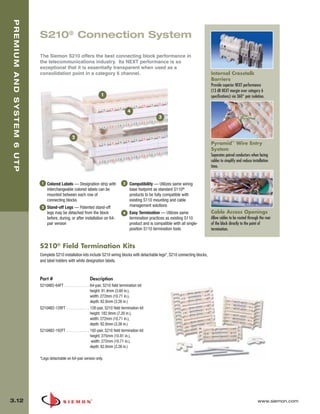 03_Premium6_UTP.qxd:ZMax_Catalog                                 1/4/10         11:20 AM           Page 13



   PREMIUM AND SYSTEM 6 UTP



                              S210® Connection System

                              The Siemon S210 offers the best connecting block performance in
                              the telecommunications industry. Its NEXT performance is so
                              exceptional that it is essentially transparent when used as a
                              consolidation point in a category 6 channel.                                                                 Internal Crosstalk
                                                                                                                                           Barriers
                                                                                                                                           Provide superior NEXT performance
                                                                                                                                           (13 dB NEXT margin over category 6
                                                                         1                                                                 specifications) via 360° pair isolation.


                                                                                             4
                                                                                                               3



                                                    2
                                                                                                                                           Pyramid™ Wire Entry
                                                                                                                                           System
                                                                                                                                           Separates paired conductors when lacing
                                                                                                                                           cables to simplify and reduce installation
                                                                                                                                           time.


                               1   Colored Labels — Designation strip with               3    Compatibility — Utilizes same wiring
                                   interchangeable colored labels can be                      base footprint as standard S110®
                                   mounted between each row of                                products to be fully compatible with
                                   connecting blocks                                          existing S110 mounting and cable
                               2   Stand-off Legs — Patented stand-off                        management solutions
                                   legs may be detached from the block                   4    Easy Termination — Utilizes same             Cable Access Openings
                                   before, during, or after installation on 64-               termination practices as existing S110       Allow cables to be routed through the rear
                                   pair version                                               product and is compatible with all single-   of the block directly to the point of
                                                                                              position S110 termination tools              termination.


                              S210® Field Termination Kits
                              Complete S210 installation kits include S210 wiring blocks with detachable legs*, S210 connecting blocks,
                              and label holders with white designation labels.



                              Part #                             Description
                              S210AB2-64FT . . . . . . . . . . . . . 64-pair, S210 field termination kit
                                                                     height: 91.4mm (3.60 in.),
                                                                     width: 272mm (10.71 in.),
                                                                     depth: 82.8mm (3.26 in.)
                              S210AB2-128FT . . . . . . . . . . . . 128-pair, S210 field termination kit
                                                                     height: 182.9mm (7.20 in.),
                                                                     width: 272mm (10.71 in.),
                                                                     depth: 82.8mm (3.26 in.)
                              S210AB2-192FT . . . . . . . . . . . . 192-pair, S210 field termination kit
                                                                     height: 275mm (10.81 in.),
                                                                      width: 272mm (10.71 in.),
                                                                     depth: 82.8mm (3.26 in.)

                              *Legs detachable on 64-pair version only.




  3.12                                                                                                                                                                       www.siemon.com
 