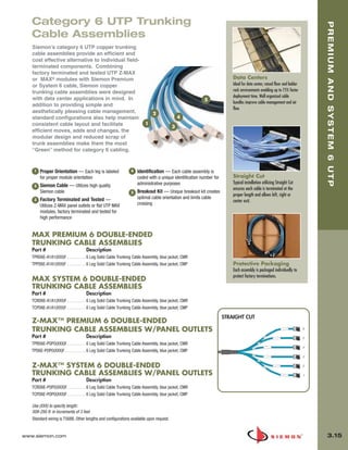 03_Premium6_UTP.qxd:ZMax_Catalog                  1/4/10        11:20 AM         Page 16




          Category 6 UTP Trunking




                                                                                                                                                                                PREMIUM AND SYSTEM 6 UTP
          Cable Assemblies
          Siemon’s category 6 UTP copper trunking
          cable assemblies provide an efficient and
          cost effective alternative to individual field-
          terminated components. Combining
          factory terminated and tested UTP Z-MAX
          or MAX® modules with Siemon Premium                                                                                  Data Centers
          or System 6 cable, Siemon copper                                                                                     Ideal for data center, raised floor and ladder
          trunking cable assemblies were designed                                                                              rack environments enabling up to 75% faster
                                                                                                                               deployment time. Well organized cable
          with data center applications in mind. In                                                            5
                                                                                                                               bundles improve cable management and air
          addition to providing simple and
                                                                                                                               flow.
          aesthetically pleasing cable management,                                  2
          standard configurations also help maintain                                                4
          consistent cable layout and facilitate                               1
                                                                                                3
          efficient moves, adds and changes. the
          modular design and reduced scrap of
          trunk assemblies make them the most
          “Green” method for category 6 cabling.


           1   Proper Orientation — Each leg is labeled                4   Identification — Each cable assembly is
               for proper module orientation                               coded with a unique identification number for       Straight Cut
                                                                           administrative purposes                             Typical installation utilizing Straight Cut
           2   Siemon Cable — Utilizes high quality
                                                                                                                               ensures each cable is terminated at the
               Siemon cable                                            5   Breakout Kit — Unique breakout kit creates
                                                                                                                               proper length and allows left, right or
           3   Factory Terminated and Tested —                             optimal cable orientation and limits cable
                                                                                                                               center exit.
               Utilizes Z-MAX panel outlets or flat UTP MAX                crossing
               modules, factory terminated and tested for
               high performance


          MAX PREMIUM 6 DOUBLE-ENDED
          TRUNKING CABLE ASSEMBLIES
          Part #                           Description
          TPRD6E-A1A1(XXX)F . . . . . . . . . 6 Leg Solid Cable Trunking Cable Assembly, blue jacket, CMR
          TPPD6E-A1A1(XXX)F . . . . . . . . . 6 Leg Solid Cable Trunking Cable Assembly, blue jacket, CMP                      Protective Packaging
                                                                                                                               Each assembly is packaged individually to
                                                                                                                               protect factory terminations.
          MAX SYSTEM 6 DOUBLE-ENDED
          TRUNKING CABLE ASSEMBLIES
          Part #                           Description
          TCRD6E-A1A1(XXX)F . . . . . . . . . 6 Leg Solid Cable Trunking Cable Assembly, blue jacket, CMR
          TCPD6E-A1A1(XXX)F . . . . . . . . . 6 Leg Solid Cable Trunking Cable Assembly, blue jacket, CMP

                                                                                                                           STRAIGHT CUT
          Z-MAX™ PREMIUM 6 DOUBLE-ENDED
          TRUNKING CABLE ASSEMBLIES W/PANEL OUTLETS
          Part #                           Description
          TPRD6E-POPO(XXX)F. . . . . . . . . 6 Leg Solid Cable Trunking Cable Assembly, blue jacket, CMR
          TPD6E-POPO(XXX)F . . . . . . . . . . 6 Leg Solid Cable Trunking Cable Assembly, blue jacket, CMP


          Z-MAX™ SYSTEM 6 DOUBLE-ENDED
          TRUNKING CABLE ASSEMBLIES W/PANEL OUTLETS
          Part #                           Description
          TCRD6E-POPO(XXX)F. . . . . . . . . 6 Leg Solid Cable Trunking Cable Assembly, blue jacket, CMR
          TCPD6E-POPO(XXX)F. . . . . . . . . 6 Leg Solid Cable Trunking Cable Assembly, blue jacket, CMP

          Use (XXX) to specify length:
          009-295 ft. in increments of 3 feet
          Standard wiring is T568B. Other lengths and configurations available upon request.


      www.siemon.com                                                                                                                                                              3.15
 