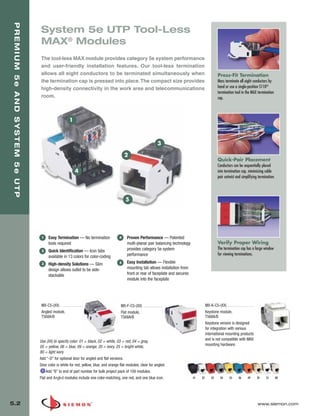 05_Premium_Sys_5E_UTP.qxd:ZMax_Catalog                                         1/8/10        9:12 AM          Page 3




    PREMIUM 5e AND SYSTEM 5e UTP

                                   System 5e UTP Tool-Less
                                   MAX® Modules
                                   The tool-less MAX module provides category 5e system performance
                                   and user-friendly installation features. Our tool-less termination
                                   allows all eight conductors to be terminated simultaneously when                                                        Press-Fit Termination
                                   the termination cap is pressed into place. The compact size provides                                                    Mass terminate all eight conductors by
                                   high-density connectivity in the work area and telecommunications                                                       hand or use a single-position S110®
                                                                                                                                                           termination tool in the MAX termination
                                   room.                                                                                                                   cap.



                                                          1



                                                                                                                     3

                                                                                            2
                                                                                                                                                           Quick-Pair Placement
                                                                                                                                                           Conductors can be sequentially placed
                                                               4                                                                                           into termination cap, minimizing cable
                                                                                                                                                           pair untwist and simplifying termination.




                                                                                             5




                                    1    Easy Termination — No termination              4     Proven Performance — Patented
                                         tools required                                       multi-planar pair balancing technology                       Verify Proper Wiring
                                                                                              provides category 5e system                                  The termination cap has a large window
                                    2    Quick Identification — Icon tabs
                                                                                              performance                                                  for viewing terminations.
                                         available in 13 colors for color-coding
                                    3    High-density Solutions — Slim                  5     Easy Installation — Flexible
                                         design allows outlet to be side-                     mounting tab allows installation from
                                         stackable                                            front or rear of faceplate and secures
                                                                                              module into the faceplate




                                    MX-C5-(XX) . . . . . . . . . . . .                   MX-F-C5-(XX) . . . . . . . . . .                        MX-K-C5-(XX) . . . . . . . . . . . . . .
                                    Angled module,                                       Flat module,                                            Keystone module,
                                    T568A/B                                              T568A/B                                                 T568A/B
                                                                                                                                                 Keystone version is designed
                                                                                                                                                 for integration with various
                                                                                                                                                 international mounting products
                                                                                                                                                 and is not compatible with MAX
                                   Use (XX) to specify color: 01 = black, 02 = white, 03 = red, 04 = gray,
                                                                                                                                                 mounting hardware.
                                   05 = yellow, 06 = blue, 09 = orange, 20 = ivory, 25 = bright white,
                                   80 = light ivory
                                   Add “-D” for optional door for angled and flat versions.
                                   Door color is white for red, yellow, blue, and orange flat modules; clear for angled.
                                       Add “B” to end of part number for bulk project pack of 100 modules.
                                   Flat and Angled modules include one color-matching, one red, and one blue icon.                     01   02        03     04     05      06     09       20   25    80




  5.2                                                                                                                                                                                       www.siemon.com
 
