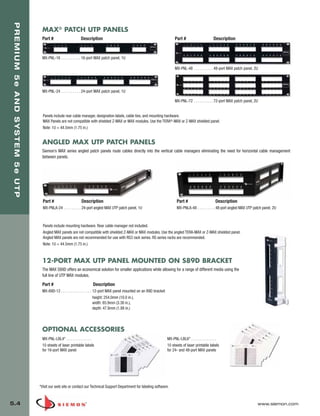 05_Premium_Sys_5E_UTP.qxd:ZMax_Catalog                                         1/8/10           9:12 AM       Page 5




    PREMIUM 5e AND SYSTEM 5e UTP

                                    MAX® PATCH UTP PANELS
                                    Part #                      Description                                                      Part #                      Description


                                    MX-PNL-16 . . . . . . . . . . 16-port MAX patch panel, 1U

                                                                                                                                 MX-PNL-48 . . . . . . . . . . 48-port MAX patch panel, 2U




                                    MX-PNL-24 . . . . . . . . . . 24-port MAX patch panel, 1U

                                                                                                                                 MX-PNL-72 . . . . . . . . . . 72-port MAX patch panel, 2U


                                     Panels include rear cable manager, designation labels, cable ties, and mounting hardware.
                                     MAX Panels are not compatible with shielded Z-MAX or MAX modules. Use the TERA®-MAX or Z-MAX shielded panel.
                                     Note: 1U = 44.5mm (1.75 in.)


                                    ANGLED MAX UTP PATCH PANELS
                                    Siemon’s MAX series angled patch panels route cables directly into the vertical cable managers eliminating the need for horizontal cable management
                                    between panels.




                                     Part #                     Description                                                        Part #                      Description
                                     MX-PNLA-24 . . . . . . . . . 24-port angled MAX UTP patch panel, 1U                           MX-PNLA-48 . . . . . . . . . 48-port angled MAX UTP patch panel, 2U



                                     Panels include mounting hardware. Rear cable manager not included.
                                     Angled MAX panels are not compatible with shielded Z-MAX or MAX modules. Use the angled TERA-MAX or Z-MAX shielded panel.
                                     Angled MAX panels are not recommended for use with RS3 rack series. RS series racks are recommended.
                                     Note: 1U = 44.5mm (1.75 in.)



                                    12-PORT MAX UTP PANEL MOUNTED ON S89D BRACKET
                                    The MAX S89D offers an economical solution for smaller applications while allowing for a range of different media using the
                                    full line of UTP MAX modules.

                                    Part #                               Description
                                    MX-89D-12 . . . . . . . . . . . . . . . . 12-port MAX panel mounted on an 89D bracket
                                                                              height: 254.0mm (10.0 in.),
                                                                              width: 85.9mm (3.38 in.),
                                                                              depth: 47.8mm (1.88 in.)




                                    OPTIONAL ACCESSORIES
                                    MX-PNL-LBL4* . . . . . . . . . . . . .                                                  MX-PNL-LBL6* . . . . . . . . . . . . .
                                    10 sheets of laser printable labels                                                     10 sheets of laser printable labels
                                    for 16-port MAX panel                                                                   for 24- and 48-port MAX panels




                                   *Visit our web site or contact our Technical Support Department for labeling software.



  5.4                                                                                                                                                                                    www.siemon.com
 