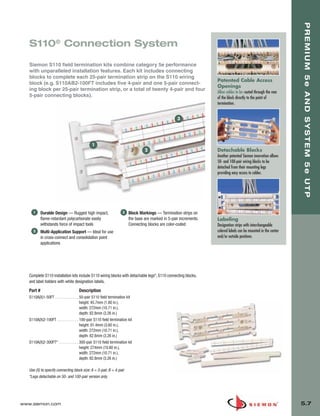 05_Premium_Sys_5E_UTP.qxd:ZMax_Catalog                          1/8/10          9:12 AM       Page 8




                                                                                                                                                                          PREMIUM 5e AND SYSTEM 5e UTP
          S110® Connection System

          Siemon S110 field termination kits combine category 5e performance
          with unparalleled installation features. Each kit includes connecting
          blocks to complete each 25-pair termination strip on the S110 wiring
                                                                                                                            Patented Cable Access
          block (e.g. S110AB2-100FT includes five 4-pair and one 5-pair connect-
                                                                                                                            Openings
          ing block per 25-pair termination strip, or a total of twenty 4-pair and four
                                                                                                                            Allow cables to be routed through the rear
          5-pair connecting blocks).                                                                                        of the block directly to the point of
                                                                                                                            termination.


                                                                                                            3




                                                      1
                                                                                          2                                 Detachable Blocks
                                                                                                                            Another patented Siemon innovation allows
                                                                                                                            50- and 100-pair wiring blocks to be
                                                                                                                            detached from their mounting legs
                                                                                                                            providing easy access to cables.




            1      Durable Design — Rugged high impact,                     3   Block Markings — Termination strips on
                   flame-retardant polycarbonate easily                         the base are marked in 5-pair increments.   Labeling
                   withstands force of impact tools                             Connecting blocks are color-coded           Designation strips with interchangeable
            2      Multi-Application Support — Ideal for use                                                                colored labels can be mounted in the center
                   in cross-connect and consolidation point                                                                 and/or outside positions.
                   applications




          Complete S110 installation kits include S110 wiring blocks with detachable legs*, S110 connecting blocks,
          and label holders with white designation labels.
          Part #                             Description
          S110A(X)1-50FT . . . . . . . . . . . . 50-pair S110 field termination kit
                                                 height: 45.7mm (1.80 in.),
                                                 width: 272mm (10.71 in.),
                                                 depth: 82.8mm (3.26 in.)
          S110A(X)2-100FT . . . . . . . . . . . 100-pair S110 field termination kit
                                                 height: 91.4mm (3.60 in.),
                                                 width: 272mm (10.71 in.),
                                                 depth: 82.8mm (3.26 in.)
          S110A(X)2-300FT* . . . . . . . . . . 300-pair S110 field termination kit
                                                 height: 274mm (10.80 in.),
                                                 width: 272mm (10.71 in.),
                                                 depth: 82.8mm (3.26 in.)

          Use (X) to specify connecting block size: A = 5-pair, B = 4-pair
          *Legs detachable on 50- and 100-pair version only.




      www.siemon.com                                                                                                                                                      5.7
 