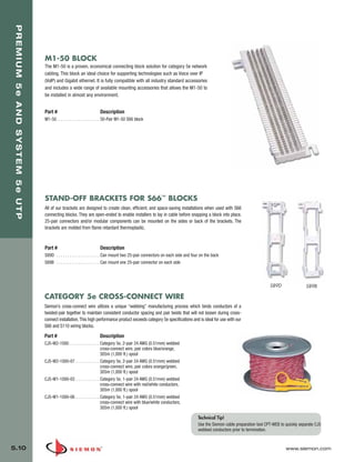05_Premium_Sys_5E_UTP.qxd:ZMax_Catalog                                               1/8/10          9:12 AM    Page 11




    PREMIUM 5e AND SYSTEM 5e UTP




                                   M1-50 BLOCK
                                   The M1-50 is a proven, economical connecting block solution for category 5e network
                                   cabling. This block an ideal choice for supporting technologies such as Voice over IP
                                   (VoIP) and Gigabit ethernet. It is fully compatible with all industry standard accessories
                                   and includes a wide range of available mounting accessories that allows the M1-50 to
                                   be installed in almost any environment.


                                   Part #                                Description
                                   M1-50 . . . . . . . . . . . . . . . . . . . . 50-Pair M1-50 S66 block




                                   STAND-OFF BRACKETS FOR S66™ BLOCKS
                                   All of our brackets are designed to create clean, efficient, and space-saving installations when used with S66
                                   connecting blocks. They are open-ended to enable installers to lay in cable before snapping a block into place.
                                   25-pair connectors and/or modular components can be mounted on the sides or back of the brackets. The
                                   brackets are molded from flame retardant thermoplastic.



                                   Part #                                Description
                                   S89D . . . . . . . . . . . . . . . . . . . . Can mount two 25-pair connectors on each side and four on the back
                                   S89B . . . . . . . . . . . . . . . . . . . . Can mount one 25-pair connector on each side



                                                                                                                                                                            S89D                S89B

                                   CATEGORY 5e CROSS-CONNECT WIRE
                                   Siemon’s cross-connect wire utilizes a unique “webbing” manufacturing process which binds conductors of a
                                   twisted-pair together to maintain consistent conductor spacing and pair twists that will not loosen during cross-
                                   connect installation. This high performance product exceeds category 5e specifications and is ideal for use with our
                                   S66 and S110 wiring blocks.

                                   Part #                                Description
                                   CJ5-W2-1000 . . . . . . . . . . . . . . Category 5e, 2-pair 24 AWG (0.51mm) webbed
                                                                           cross-connect wire, pair colors blue/orange,
                                                                           305m (1,000 ft.) spool
                                   CJ5-W2-1000-07 . . . . . . . . . . . Category 5e, 2-pair 24 AWG (0.51mm) webbed
                                                                           cross-connect wire, pair colors orange/green,
                                                                           305m (1,000 ft.) spool
                                   CJ5-W1-1000-03 . . . . . . . . . . . Category 5e, 1-pair 24 AWG (0.51mm) webbed
                                                                           cross-connect wire with red/white conductors,
                                                                           305m (1,000 ft.) spool
                                   CJ5-W1-1000-06 . . . . . . . . . . . Category 5e, 1-pair 24 AWG (0.51mm) webbed
                                                                           cross-connect wire with blue/white conductors,
                                                                           305m (1,000 ft.) spool

                                                                                                                                    Technical Tip!
                                                                                                                                    Use the Siemon cable preparation tool CPT-WEB to quickly separate CJ5
                                                                                                                                    webbed conductors prior to termination.


  5.10                                                                                                                                                                               www.siemon.com
 