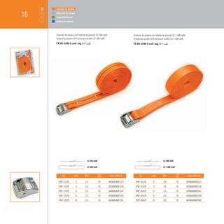 sistemas de amarre


16   elevación de cargas
     seguridad laboral
     protección laboral




     Sistema de amarre con hebilla de presión CE-500 daN.                   Sistema de amarre con hebilla de presión CE-1.000 daN.
     Fastening system with pressure buckle CE-500 daN.                      Fastening system with pressure buckle CE-1.000 daN.
        EN 12195-2 coef. seg. 2-1                                              EN 12195-2 coef. seg. 2-1




                                    LC 250 daN                                                             LC 500 daN

                                    LC 500 daN                                                             LC 1.000 daN


          Ref.             m        cm                       Cód.	EAN-13         Ref.           m          cm                         Cód.	EAN-13

       ENP-122/B           2      2,5            10         8436009991223     ENP-252/B         2          3,5            10         8436009992527
       ENP-123/B           3      2,5            10         8436009991230     ENP-253/B         3          3,5            10         8436009992534
       ENP-124/B           4      2,5            10         8436009991247     ENP-254/B         4          3,5            10         8436009992541
       ENP-125/B           5      2,5            10         8436009991254     ENP-255/B         5          3,5            10         8436009992558
       ENP-126/B           6      2,5            10         8436009991261     ENP-256/B         6          3,5            10         8436009992565
 