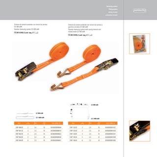 fastening system
                                                                                                                            lifting system
                                                                                                                            safety at work
                                                                                                                        protection at work




Sistema de amarre estándar con tensor de carraca                   Sistema de amarre estándar con tensor de carraca y
CE-500 daN.                                                        ganchos cerrados CE-500 daN.
Standar fastening system CE-500 daN.                               Standar fastening system with spring tension and
                                                                   closed hooks CE-500 daN.
   EN 12195-2 coef. seg. 2-1
                                                                      EN 12195-2 coef. seg. 2-1




                                                                                                        LC 500 daN




                                LC 500 daN

                                LC 1.000 daN
                                                                                                        LC 1.000 daN

     Ref.          m           cm                   Cód.	EAN-13         Ref.          m           cm                     Cód.	EAN-13

  ENP-980/B        2         2,5             10    8436009999809     ENP-182/B         2          2,5             10    8436009991827
  ENP-981/B        3         2,5             10    8436009999816     ENP-183/B         3          2,5             10    8436009991834
  ENP-982/B        4         2,5             10    8436009999823     ENP-184/B         4          2,5             10    8436009991841
  ENP-983/B        5         2,5             10    8436009999830     ENP-185/B         5          2,5             10    8436009991858
  ENP-984/B        6         2,5             10    8436009999847     ENP-186/B         6          2,5             10    8436009991865
 