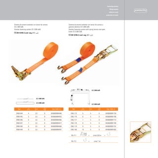 fastening system
                                                                                                                                     lifting system
                                                                                                                                    safety at work
                                                                                                                             protection at work




Sistema de amarre estándar con tensor de carraca                   Sistema de amarre estándar con tensor de carraca y
CE-2.000 daN.                                                      ganchos abiertos CE-5.000 daN.
Standar fastening system CE-2.000 daN.                             Standar fastening system with spring tension and open
                                                                   hooks CE-5.000 daN.
   EN 12195-2 coef. seg. 2-1
                                                                      EN 12195-2 coef. seg. 2-1




                                                                                                         LC 2.500 daN




                                LC 1.000 daN

                                LC 2.000 daN
                                                                                                         LC 5.000 daN


     Ref.          m           cm                   Cód. EAN-13         Ref.           m             cm                       Cód. EAN-13

  ENM-444          4           3,5         8       8436009994446      ENG-175          5             5             8        8436009991759
  ENM-445          5           3,5         8       8436009994453      ENG-176          6             5             8        8436009991766
  ENM-446          6           3,5         8       8436009994460      ENG-177          7             5             8        8436009991773
  ENM-447          7           3,5         8       8436009994477      ENG-178          8             5             8        8436009991780
  ENM-448          8           3,5         8       8436009994484      ENG-179          9             5             8        8436009991797
  ENM-449          9           3,5         8       8436009994491      ENG-180         10             5             8        8436009991803


                                                                      RA-711                     +         cinta 0,50 m   +    


                                                                      RA-712                     +          cinta * ml
 
