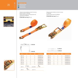 sistemas de amarre


20   elevación de cargas
     seguridad laboral
     protección laboral




     Sistema de amarre estándar con tensor de carraca y                          Sistema de amarre estándar con tensor de carraca
     ganchos cerrados CE-5.000 daN.                                              CE-5.000 daN.
     Standar fastening system with spring tension and                            Standar fastening system CE-5.000 daN.
     closed hooks CE-5.000 daN.
                                                                                    EN 12195-2 coef. seg. 2-1
        EN 12195-2 coef. seg. 2-1




                                            LC 2.500 daN




                                                                                                                 LC 2.500 daN

                                                                                                                 LC 5.000 daN
                                            LC 5.000 daN


          Ref.             m            cm                         Cód. EAN-13         Ref.          m          cm                   Cód. EAN-13

        ENG-195            5            5             8        8436009991957        ENG-215          5           5              8   8436009992152
        ENG-196            6            5             8        8436009991964        ENG-216          6           5              8   8436009992169
        ENG-197            7            5             8        8436009991971        ENG-217          7           5              8   8436009992176
        ENG-198            8            5             8        8436009991988        ENG-218          8           5              8   8436009992183
        ENG-199            9            5             8        8436009991995        ENG-219          9           5              8   8436009992190
        ENG-200            10           5             8        8436009992008        ENG-220          10          5              8   8436009992206


         RA-713                     +         cinta 0,50 m   +  


         RA-714                    +           cinta * ml
 