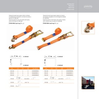 fastening system
                                                                                                                                            lifting system
                                                                                                                                           safety at work
                                                                                                                                     protection at work




Sistema de amarre para sujetar coches y similares                         Sistema de amarre para sujetar cargas en el interior
en plataformas de transporte, con tensor de carraca y                     de remolques equipados con rail de enganche estándar
ganchos CE-5.000 daN.                                                     CE-5.000 daN.
Fastening system for cars and trailers with spring                        Fastening system to hold loads in the inside of trailers
tension and hooks CE-5.000 daN.                                           with a standar hook rail system CE-5.000 daN.
   EN 12195-2 coef. seg. 2-1                                                 EN 12195-2 coef. seg. 2-1




                                       LC 2.500 daN                                                               LC 2.500 daN




                                       LC 5.000 daN                                                               LC 5.000 daN


     Ref.            m             cm                       Cód. EAN-13        Ref.           m              cm                          Cód. EAN-13

   ENG-850           2             5             8        8436009998505      ENG-840          2              5              8        8436009998406
   ENG-851           3             5             8        8436009998512      ENG-841          3              5              8        8436009998413
   ENG-852           4             5             8        8436009998529      ENG-842          4              5              8        8436009998420


    RA-354                     +         cinta 0,50 m   +                     RA-357                     +         cinta 0,50 m   +   


    RA-355                    +           cinta * ml                          RA-358                    +            cinta * ml


    RA-356      3º g.          
 