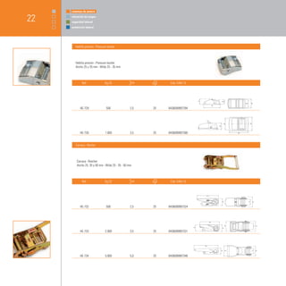 sistemas de amarre


22   elevación de cargas
     seguridad laboral
     protección laboral




        Hebilla presión ∙ Pressure buckle



        Hebilla presión ∙ Pressure buckle
        Ancho 25 y 35 mm ∙ Wide 25 - 35 mm



             Ref.               Kg CE             cm         Cód. EAN-13




           HE-729                500             2,5   25   8436009997294




           HE-730                1.000           3,5   25   8436009997300


        Carraca ∙ Rachet



        Carraca ∙ Ratchet
        Ancho 25, 35 y 50 mm ∙ Wide 25 - 35 - 50 mm



             Ref.               Kg CE             cm         Cód. EAN-13




           HE-732                500             2,5   25   8436009997324




           HE-733                2.000           3,5   25   8436009997331




           HE-734                5.000           5,0   25   8436009997348
 