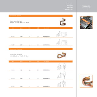 fastening system
                                                                             lifting system
                                                                             safety at work
                                                                         protection at work




Gancho	abierto	∙	Open	hook



Gancho abierto ∙ Open hook
Ancho 25, 35 y 50 mm ∙ Wide 25 - 35 - 50 mm



     Ref.              Kg	CE                  cm          Cód.	EAN-13




   HE-726              2.000                  3,5   25   8436009997263




   HE-737              5.000                  5,0   25   8436009997270


Gancho	cerrado	∙	Closed	hook



Gancho cerrado ∙ Closed hook
Ancho 25, 35 y 50 mm ∙ Wide 25 - 35 - 50 mm



     Ref.              Kg	CE                  cm          Cód.	EAN-13




   HE-613               500                   2,5   25   8436009996136




   HE-614              2.000                  3,5   25   8436009996143




   HE-615              5.000                  5,0   25   8436009996150
 