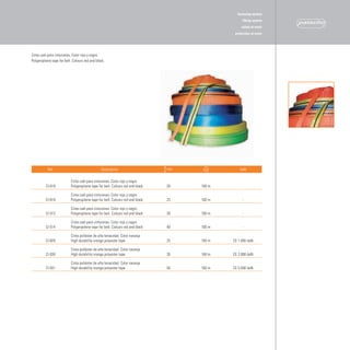 fastening system
                                                                                                  lifting system
                                                                                                  safety at work
                                                                                              protection at work




Cinta cadi para cinturones, Color rojo y negro.
Polypropilene tape for belt. Colours red and black.




           Ref.                                 Descripción                     mm               daN

                           Cinta cadi para cinturones. Color rojo y negro
          CI-618           Polypropilene tape for belt. Colours red and black   20   100 m        -

                           Cinta cadi para cinturones. Color rojo y negro
          CI-619           Polypropilene tape for belt. Colours red and black   25   100 m        -

                           Cinta cadi para cinturones. Color rojo y negro
          CI-513           Polypropilene tape for belt. Colours red and black   30   100 m        -

                           Cinta cadi para cinturones. Color rojo y negro
          CI-514           Polypropilene tape for belt. Colours red and black   40   100 m        -

                           Cinta poliéster de alta tenacidad. Color naranja
          CI-929           High durability orange polyester tape                25   100 m   CE 1.000 daN

                           Cinta poliéster de alta tenacidad. Color naranja
          CI-930           High durability orange polyester tape                35   100 m   CE 2.800 daN

                           Cinta poliéster de alta tenacidad. Color naranja
          CI-931           High durability orange polyester tape                50   100 m   CE 5.000 daN
 