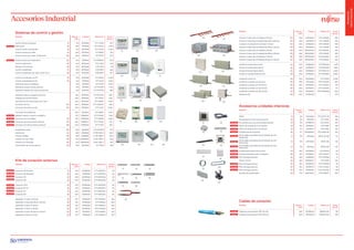 Accesorios Industrial
(9)
Sistemas de control y gestión
Modelos Pág cat.
2016
Código Referencia Precio
Ref.(€)
Control remoto de grupos (1) 201 3IVF9000 UTY-CGGY 597
Panel táctil (2) 200 3IVF9019 UTY-DGYZ1 5.793
Control remoto centralizado (3) 201 3IVF9008 UTY-DCGY 2.055
Control remoto por cable (4) 200 3IVF9005 UTY-RNKY 199
Control remoto por cable multifunción (16) 200 3IVF9010 UTY-RLKY 272
Control remoto por cable táctil (15) 201 3IVF9041 UTY-RNRYZ1 279
Control inalámbrico (5) 201 3IVF9002 UTY-LNHY 102
Receptor IR conducto (6) 201 3IVF9036 UTB-YWC 118
Control simplificado (7) 201 3IVF9006 UTB-RSKY 236
Control simplificado (sin selec.modo func.) (8) 201 3IVF9004 UTB-RHKY 257
Control centralizado por PC (9) 201 3IVF9506 UTY-APGY 11.549
Control centralizado PC lite (9) 201 3IVF9014 UTY-ALGY 3.334
Aplicación ahorro energético 201 3IVF9513 UTY-PEGY 3.500
Aplicación acceso remoto para lite 201 3IVF9531 UTY-PLGYR1 1.104
Aplicación reparto de consumos para lite 201 3IVF9532 UTY-PLGYA1 884
Aplicación ahorro energético para lite 201 3IVF9530 UTY-PLGYE1 1.091
Software de mantenimiento 202 3IVF9508 UTY-ASGF 1.516
Herramienta de monitorizacon por web 202 3IVF9509 UTY-AMGF 3.149
Conversor de red (10) 204 3IVN9014 UTY-VGGXZ1 867
Conversor de red lon works (10) 204 3IVF9504 UTY-VLGY 3.026
Conversor de red BACnet 204 3IVF9510 UTY-ABGF 4.371
Medidor reparto consumo energético 201 3IVN9045 UTY-PTGXA 1.199
Conversor de red modbus (17) 205 3IVN9046 UTY-VMGX 1.439
Conversor de red (corriente alterna) (17) 204 3IVN9047 UTY-VTGXV 370
Conversor de red (corriente continua) (18) 204 3IVN9048 UTY-VTGX 235
Amplificador señal (10) 205 3IVN9015 UTY-VSGXZ1 752
Interfaz knx (11) 205 3IVN9038 FJ-RC-KNX-1l 604
Interfaz-modbus (12) 205 3IVN9039 FJ-RC-MBS-1 604
Interfaz wi-fi por cable (13) 205 3NDN0010 FJ-RC-WIFI-1 436
Interfaz wi-fi infrarojos (13) 205 3NDN0012 IS-RC-WIFI-1 195
Conmutador de control externo (14) 202 3IVF9502 UTY-TEKY 182
Novedad
Novedad
Novedad
Novedad
Novedad
Novedad
Novedad
Novedad
Novedad
Novedad
Novedad
Novedad
Novedad
Novedad
Modelos Pág cat.
2016
Código Referencia Precio
Ref.(€)
Colector 3 tubos (de 3-6 salidas) (<28 kw) (10) 208 3IVN9030 UTP-J0906A 436
Colector 3 tubos (de 3-6 salidas) (de 28 kw a 56 kw) (10) 208 3IVN9031 UTP-J1806A 476
Ccolector 3 tubos (de 3-8 salidas) (< 28 kw) (10) 208 3IVN9032 UTP-J0908A 459
Colector 3 tubos (de 3-8 salidas) (de 28 kw a 56 kw) (10) 208 3IVN9033 UTP-J1808A 491
Colector 2 tubos (de 3-6 salidas) (<28 kw) (18) 208 3NGG9320 UTR-H0906L 242
Colector 2 tubos (de 3-6 salidas) (de 28 kw a 56 kw) (10) 208 3NGG9325 UTR-H1806L 242
Colector 2 tubos (de 3-8 salidas) (< 28 kw) (10) 208 3NGG9330 UTR-H0908L 253
Colector 2 tubos (de 3-8 salidas) (de 28 kw a 56 kw) (10) 208 3NGG9335 UTR-H1808L 266
Unidad rb simple (hasta 8 kw) (11) 209 3IVN9022 UTP-RX01AH 1.103
Unidad rb simple (hasta 18 kw) (11) 209 3IVN9023 UTP-RX01BH 1.260
Unidad rb simple (hasta 28 kw) (11) 209 3IVN9024 UTP-RXA1CH 2.430
Unidad rb multiple (hasta 56 kw) (12) 209 3IVN9025 UTP-RX04BH 5.460
Unidad de control dx (13) 206 3IVN9060 UTY-VDGX 2.099
Unidad de conexión eev (5-8 kw) (14) 206 3IVN9061 UTP-UVX30A 350
Unidad de conexión eev (10-14 kw) (15) 206 3IVN9062 UTP-UVX60A 419
Unidad de conexión eev (20-25 kw) (16) 206 3IVN9063 UTP-UVX90A 471
Unidad de conexión eev (40-50 kw) (17) 206 3IVN9064 UTP-UVX90Ax2 943
Separador DX (18) 206 3IVN9035 - 273
Accesorios unidades interiores
Modelos Pág cat.
2016
Código Referencia Precio
Ref.(€)
Plafón (1) 175 3IVF4000 UTG-UFYC-W 254
Acoplamiento tomas de aire exterior (2) 175 3IVF9012 UTZ-VXAA 481
Kit aislante para zona de humedad elevada (3) 175 3IVN9070 UTZ-KXGC 210
Pletina de bloqueo de la vía del aire (4) 175 3IVN9072 UTR-YDBZ 135
Pletina de bloqueo de la vía del aire (5) 177 3IVN9071 UTR-YDBZ 165
Embellecedores angulares (6) 177 3NDN9005 UTG-AKXA-W 210
Kit de rejilla automática lisa de difusión de aire
direccional
(7) 179 3IVF9519 ARYK 7G-14G 121
Kit de rejilla automática lisa de difusión de aire
direccional
(7) 179 3IVF9520 ARYK 18G 163
Kit de rejilla automática lisa de difusión de aire
direccional
(7) 179 3IVF9521 ARYK 24G 195
Acople embocadura aire circular (9) 183 3IVN9066 UTD-RF204 65
Acople embocadura aire rectangular (10) 183 3IVN9067 UTD-SF045T 65
Filtro de larga duracion (11) 183 3IVN9074 UTD-LF25NA 77
Sensor remoto (8) 185 3NDN0017 UTY-XSZX 105
Filtro de larga duracion (11) 185 3IVN9049 UTD-LF60KA 94
Filtro de larga duracion (11) 185 3IVN9073 F ACX 72/200 85
Filtro de larga duracion (11) 185 3IVN9065 F ACX 90/250 125
Bombas de condensados (12) 193 4JBO0002 UTR-DPB24T 240
Kits de conexión externos
Modelos Pág cat.
2016
Código Referencia Precio
Ref.(€)
Conector CN 12,22,23 (1) 203 3IVN9052 UTY-XWZXZ7 59
Conector CN 48,49,50 (2) 203 3IVN9051 UTY-XWZXZ6 59
Conector CR (3) 203 3IVN9053 UTY-XWZXZ8 59
Conector EXT (4) 203 3IVN9054 UTY-XWZXZ9 59
Conector CN 6 (5) 203 3IVN9056 UTY-XWZXZB 59
Conector EXT B (6) 203 3IVN9057 UTY-XWZXZC 59
Conector VC (7) 203 3IVN9058 UTY-XWZXZD 59
Conector INT (8) 203 3IVN9059 UTY-XWZXZE 59
Separador 3 tubos (< 28 kw) (9) 207 3IVN9027 UTP-BX090A 184
Separador 3 tubos (de 28 kw a 56 kw) (9) 207 3IVN9028 UTP-BX180A 209
Separador 3 tubos (> 56 kw) (9) 207 3IVN9029 UTP-BX567A 419
Separador 2 tubos (< 28 kw) (9) 207 3IVN9034 UTP-AX090A 124
Separador 2 tubos (de 28 kw a 56 kw) (9) 207 3IVN9017 UTP-AX180A 124
Separador 2 tubos (> 56 kw) (9) 207 3IVN9018 UTP-AX567A 270
Cables de conexión
Modelos Pág cat.
2016
Código Referencia Precio
Ref.(€)
Cable de comunicación VRF 100 mts 209 3IVN9043 AWG22 100 99
Cable de comunicación VRF 200 mts 209 3IVN9044 AWG22 200 199
Novedad
Novedad
Novedad
Novedad
Novedad
Novedad
Novedad
Novedad
Novedad
Novedad
Novedad
Novedad
Novedad
Novedad
Novedad
Receptor IR Receptor IR
Control remoto
inalámbrico
(1)
(4)
(5)
(6) (7)
(8) (9) (10)
(11) (12) (13) (14)
(15) (16) (17) (18)
(2) (3)
(1)
(4)
(7)
(2)
(5)
(8)
(3)
(6)
(10)
(11)
(12) (13)
(14)
(15)
(17)(16)
(18) (19)
Insulation Kit
(1)
(3)
(5)
(7)
(9)
(11)
(12)
(8)
(2)
(4)
(6)
(10)
Accesorios
GamaIndustrial
 