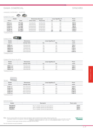 UNIDADES INTERIORES - INVERTER
Modelo Dimensiones (alxanxpr) Líneas frigoríficas (") Precio
Interior Panel Interior (mm) Panel (mm) Líq. Gas cesión
CT12 NR2 PT-UQC 214x570x570 30x700x700 1/4 3/8 830 €
CT18 NQ4 PT-UQC 256x570x570 30x700x700 1/4 1/2 940 €
CT24 NP4 PT-UMC 204x840x840 25x950x950 3/8 5/8 980 €
UT30 NP4 PT-UMC 204x840x840 25x950x950 3/8 5/8 1.090 €
UT36 NN2 PT-UMC1 246x840x840 25x950x950 3/8 5/8 1.250 €
UT42 NM2 PT-UMC1 246x840x840 25x950x950 3/8 5/8 1.730 €
CASSETTE 4 VÍAS
Modelo Dimensiones Líneas frigoríficas (") Precio
Interior alxanxpr (mm) Líq. Gas cesión
CM18 N14*
270x900x700 1/4 1/2 735 €
CM24 N14*
270x900x700 3/8 5/8 810 €
UM30 N24 270x900x700 3/8 5/8 1.175 €
UM36 N24 270x1.250x700 3/8 5/8 1.115 €
UM42 N24 270x1.250x700 3/8 5/8 1.250 €
CONDUCTOS
* Certificado Eurovent
Modelo Dimensiones Líneas frigoríficas (") Precio
Interior alxanxpr (mm) Líq. Gas cesión
CB12L N22*
190x900x700 1/4 3/8 730 €
CB18L N22*
190x900x700 1/4 1/2 780 €
CB24L N32*
190x1.100x700 3/8 5/8 980 €
CONDUCTOS BAJA SILUETA
* Certificado Eurovent
GAMA COMERCIAL SYNCHRO
Modelo Descripción Precio cesión
PMUB1111A Para 4 unidades interiores de igual potencia 230 €
PMUB111A Para 3 unidades interiores de igual potencia 230 €
PMUB11A Para 2 unidades interiores de igual potencia 200 €
DERIVACIONES
Notas: Gracias a nuestra política de continuas mejoras tecnológicas, algunas especificaciones pueden cambiar sin previo aviso.
Capacidades basadas en las siguientes condiciones: Refrigeración: temperatura interior 27 ºC BS / 19 ºC BH; temperatura exterior 35 ºC BS / 24 ºC BH
Calefacción: temperatura interior 20 ºC BS / 15 ºC BH; temperatura exterior 7 ºC BS / 6 ºC BH
El producto contiene gases fluorados de efecto invernadero (R134a, R410a)
Para más información ver guía de instalación
GAMACOMERCIAL
* Certificado Eurovent
Modelo Dimensiones Líneas frigoríficas (") Precio
Interior alxanxpr (mm) Líq. Gas cesión
CV18 NJ2*
615x1.200x205 1/4 1/2 630 €
CV24 NJ2*
615x1.200x205 3/8 5/8 665 €
UV30 NJ2*
615x1.200x205 3/8 5/8 1.090 €
UV36 NK2 650x1.350x220 3/8 5/8 1.345 €
UV42 NL2 650x1.750x220 3/8 5/8 1.365 €
TECHO
* Certificado Eurovent
16 _17
 