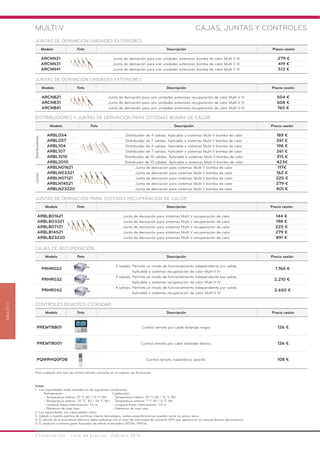 Climatización · Lista de precios · Febrero 2016
MULTIV
MULTI V CAJAS, JUNTAS Y CONTROLES
Modelo Foto Descripción Precio cesión
PRHR022
2 salidas. Permite un modo de funcionamiento independiente por salida.
1.765 €
Aplicable a sistemas recuperación de calor Multi V IV.
PRHR032
3 salidas. Permite un modo de funcionamiento independiente por salida.
2.210 €
Aplicable a sistemas recuperación de calor Multi V IV.
PRHR042
4 salidas. Permite un modo de funcionamiento independiente por salida.
2.650 €
Aplicable a sistemas recuperación de calor Multi V IV.
CAJAS DE RECUPERACIÓN
Para cualquier otro tipo de control remoto, consultar en el capítulo de Accesorios.
Modelo Foto Descripción Precio cesión
PREMTBB01 Control remoto por cable estándar negro. 126 €
PREMTB001 Control remoto por cable estándar blanco. 126 €
PQWRHQ0FDB Control remoto inalámbrico sencillo. 108 €
CONTROLES REMOTOS ESTÁNDAR
Notas:
1. Las capacidades están basadas en las siguientes condiciones:
Refrigeración: Calefacción:
- Temperatura interior: 27 ºC BS / 19 ºC BH. - Temperatura interior: 20 ºC BS / 15 ºC BH.
- Temperatura exterior: 35 ºC BS / 24 ºC BH. - Temperatura exterior: 7 ºC BS / 6 ºC BH.
- Longitud líneas interconexión: 7,5 m. - Longitud líneas interconexión: 7,5 m.
- Diferencia de nivel cero. - Diferencia de nivel cero.
2. Las capacidades son capacidades netas.
3. Debido a nuestra política de continua mejora tecnológica, ciertas especificaciones pueden variar sin previo aviso.
4. El cálculo de la acometida eléctrica debe realizarse con el valor de intensidad de corriente MFA que aparece en el manual técnico del producto.
5. El producto contiene gases fluorados de efecto invernadero (R134a, R410a).
Modelo Foto Descripción Precio cesión
ARCNN21 Junta de derivación para unir unidades exteriores bomba de calor Multi V IV 279 €
ARCNN31 Junta de derivación para unir unidades exteriores bomba de calor Multi V IV 419 €
ARCNN41 Junta de derivación para unir unidades exteriores bomba de calor Multi V IV 513 €
JUNTAS DE DERIVACIÓN UNIDADES EXTERIORES
Modelo Foto Descripción Precio cesión
ARCNB21 Junta de derivación para unir unidades exteriores recuperación de calor Multi V IV 504 €
ARCNB31 Junta de derivación para unir unidades exteriores recuperación de calor Multi V IV 608 €
ARCNB41 Junta de derivación para unir unidades exteriores recuperación de calor Multi V IV 765 €
JUNTAS DE DERIVACIÓN UNIDADES EXTERIORES
Modelo Foto Descripción Precio cesión
ARBL054 Distribuidor de 4 salidas. Aplicable a sistemas Multi V bomba de calor 189 €
ARBL057 Distribuidor de 7 salidas. Aplicable a sistemas Multi V bomba de calor 261 €
ARBL104 Distribuidor de 4 salidas. Aplicable a sistemas Multi V bomba de calor 198 €
ARBL107 Distribuidor de 7 salidas. Aplicable a sistemas Multi V bomba de calor 261 €
ARBL1010 Distribuidor de 10 salidas. Aplicable a sistemas Multi V bomba de calor 315 €
ARBL2010 Distribuidor de 10 salidas. Aplicable a sistemas Multi V bomba de calor 423€
ARBLN01621 Junta de derivación para sistemas Multi V bomba de calor 117€
ARBLN03321 Junta de derivación para sistemas Multi V bomba de calor 162 €
ARBLN07121 Junta de derivación para sistemas Multi V bomba de calor 225 €
ARBLN14521 Junta de derivación para sistemas Multi V bomba de calor 279 €
ARBLN23220 Junta de derivación para sistemas Multi V bomba de calor 801 €
DISTRIBUIDORES Y JUNTAS DE DERIVACIÓN PARA SISTEMAS BOMBA DE CALOR
JuntasDistribuidores
Modelo Foto Descripción Precio cesión
ARBLB01621 Junta de derivación para sistemas Multi V recuperación de calor 144 €
ARBLB03321 Junta de derivación para sistemas Multi V recuperación de calor 198 €
ARBLB07121 Junta de derivación para sistemas Multi V recuperación de calor 225 €
ARBLB14521 Junta de derivación para sistemas Multi V recuperación de calor 279 €
ARBLB23220 Junta de derivación para sistemas Multi V recuperación de calor 891 €
JUNTAS DE DERIVACIÓN PARA SISTEMAS RECUPERACIÓN DE CALOR
 
