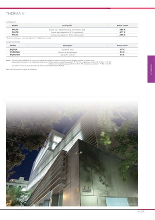 THERMAV
THERMA V
TGSS Raval, Barcelona
Notas: Gracias a nuestra política de continuas mejoras tecnológicas, algunas especificaciones pueden cambiar sin previo aviso.
Capacidades basadas en las siguientes condiciones: Refrigeración: temperatura agua 23 ºC / 18 ºC; temperatura exterior 35 ºC BS / 24 ºC BH
Calefacción: temperatura agua 30 ºC / 35 ºC BH; temperatura exterior 7 ºC BS / 6 ºC BH
El producto contiene gases fluorados de efecto invernadero (R134a, R410a)
Para más información ver guía de instalación
Modelo Descripción Precio cesión
PHLTA Sonda para depósitos ACS; monofásica split 288 €
PHLTB Sonda para depósitos ACS; monoblock 477 €
PHLTC Sonda para depósitos ACS; trifásica split 288 €
SONDAS*
* Imprescindibles para controlar depósitos ACS y paneles solares
Modelo Descripción Precio cesión
PQDSA Contacto seco 117 €
PHRSTA0 Sensor de temperatura 53 €
PQRSTA0 Sonda Tª exterior 54 €
ACCESORIOS
06 _07
 