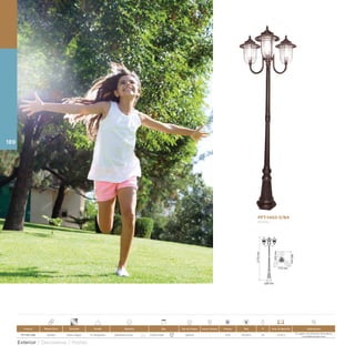 PFT-1402-3/BA
RIMINI I
2110mm
228 mm
250mm
650mm
710 mm
Producto Materia Prima Terminado Pantalla Aplicación Base Tipo de Lámpara Incluye Lámpara Potencia Volts IP Temp. de Operación Observaciones
PFT-1402-3/BA Aluminio Bronce antiguo PC transparente Sobreponer en piso 3 X Base media Opcional - 78 W 100-240 V 44 -10-40 °C
Se sugiere usar lámparas ahorradoras,
la tonalidad puede variar
189
Exterior / Decorativa / Postes
 