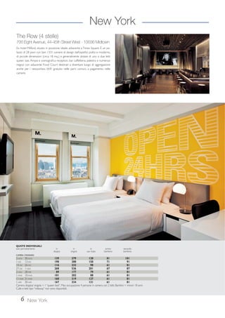 New York 
The Row (4 stelle) 
700 Eight Avenue, 44-45th Street West - 10036 Midtown 
Ex hotel Milford, situato in posizione ideale, adiacente a Times Square. È un pa-lazzo 
di 28 piani con ben 1331 camere di design dall’aspetto pulito e moderno, 
di piccole dimensioni (circa 18 mq.) e generalmente dotate di uno o due letti 
queen size. Ampia e scenografica reception, bar caffetteria, palestra e numerosi 
negozi con adiacente Food Court destinati a diventare luogo di aggregazione 
anche per i newyorkesi. WiFi gratuito nelle parti comuni, a pagamento nelle 
camere. 
QUOTE INDIVIDUALI 
solo pernottamento in in in primo secondo 
6 New York 
doppia singola uso tripla bambino bambino 
CAMERA STANDARD 
2-NOV 30-NOV 139 279 120 81 101 
1-DIC 13-DIC 190 380 150 71 91 
14-DIC 26-DIC 116 232 98 61 81 
27-DIC 1-GEN 268 536 201 67 87 
2-GEN 28-FEB 89 177 79 61 81 
1-MAR 10-MAR 101 202 88 61 81 
11-MAR 31-MAR 160 319 127 61 81 
1-APR 30-APR 167 334 131 61 81 
Camera doppia/ singola = 1 “queen bed”. Max occupazione 4 persone in camera con 2 letti. Bambini = minori 18 anni. 
Culle e letti tipo “rollaway” non sono disponibili. 
 