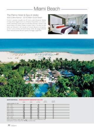 The Palms Hotel  Spa (4 stelle) 
3025 Collins Avenue - 33140 Miami South Beach 
Si trova in posizione tranquilla, circa 20 minuti a piedi dal glamour festaiolo 
di Ocean Drive. Elegante fusione di architettura Tropical-Déco con accenti e 
comfort tipicamente europei, gode di un’atmosfera piacevole e rilassata in stile 
vecchia Havana. 242 camere arredate con gusto, Ocean o City View con letto 
queen size. Ristorante in stile coloniale con veranda affacciata sul bel giardino, 
vari bar e piscina immersa nel verde. Accesso diretto alla spiaggia attrezzata. 
Centro benessere Aveda SPA. Wi-Fi gratuito. Parcheggio a pagamento. 
QUOTE INDIVIDUALI AMERICAN BUFFET BREAKFAST INCLUSO 
10 
Miami Beach 
Miami 
in in in primo secondo 
doppia singola uso tripla bambino bambino 
CAMERA STANDARD CITY VIEW 
1-NOV 3-DIC 126 228 93 20 51 
4-DIC 7-DIC 212 401 150 20 51 
8-DIC 26-DIC 126 228 93 20 51 
27-DIC 4-GEN 294 563 204 20 51 
5-GEN 11-FEB 188 355 135 20 51 
12-FEB 22-FEB 281 542 198 20 51 
23-FEB 28-FEB 188 355 135 20 51 
29-FEB 21-MAR 198 375 142 20 51 
22-MAR 31-MAR 286 553 201 20 51 
1-APR 7-APR 248 472 176 20 51 
8-APR 30-APR 165 304 120 20 51 
Massima occupazione: 3 adulti oppure 2 adulti + 2 minori 12 anni in camera con 2 letti. 
Sistemazione in camera “Ocean Front” € 70 per camera/ notte. 
 
