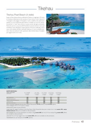Tikehau 
Polinesia 43 
Tikehau Pearl Beach (4 stelle) 
Sorge sul Motu Kahaia, all’interno dell’atollo di Tikehau e si raggiunge in 20 minuti 
di motobarca dall’aeroporto. Vero paradiso di fauna marina, il resort dispone di 
13 bungalow sulla spiaggia e 24 bungalow e suite su palafitta, tutte sistemazioni 
spaziose, con aria condizionata, patio esterno e arredate con cura. Gli “overwa-ter 
premium” e “suite” hanno anche un accesso privato alla laguna sottostante. 
Ristorante, piscina e una piccola SPA. Possibilità di piacevoli attività di mare quali 
snorkeling e canoa nella laguna. L’hotel organizza immersioni e belle gite in barca 
verso motu disabitati all’interno dell’atollo. Ideale per chi cerca tranquillità asso-luta 
e relax nel comfort. È molto apprezzato dalla clientela italiana. Consigliato 
per soggiorni brevi di 3/ 4 notti. 
QUOTE INDIVIDUALI 
TIKEHAU PEARL BEACH DAL 1 NOVEMBRE DAL 1 APRILE DAL 1 GIUGNO DAL 14 LUGLIO DAL 19 AGOSTO 
sistemazione AL 31 MARZO AL 31 MAGGIO AL 13 LUGLIO AL 18 AGOSTO AL 31 OTTOBRE 
in doppia in doppia in doppia in doppia in doppia 
BEACH BUNGALOW 260 264 332 351 332 
OVERWATER BUNGALOW 284 264 332 351 332 
PREMIUM OVERWATER BUNGALOW 327 312 394 408 394 
OVERWATER SUITE 341 336 408 423 408 
BEACH VILLA WITH POOL 355 360 423 447 423 
PRIMA COLAZIONE AMERICANA INCLUSA NELLE QUOTE. Mezza pensione € 75, pensione completa € 124 al giorno. 
Cenoni obbligatori 24/12 e 31/12 quote su richiesta. 
OMAGGI PER GLI SPOSI: una perla polinesiana. 
COMBO PEARL: Per soggiorni combinati con altri Pearl Resort (Tahiti, Moorea, Bora Bora) per un totale di min. 5 notti, SCONTO 10% e MEZZA 
PENSIONE GRATUITA (offerta non cumulabile con altre promozioni). 
EARLY BOOKING: Fino al 31/5 per prenotazioni con anticipo 120 gg. SCONTO 30% Dal 1/6 al 31/10 con anticipo 90 gg. SCONTO 20% (offerte 
non cumulabili con altre promozioni). 
LONG STAY: Fino al 31/3 per soggiorni min. 4 notti SCONTO 25% (offerta non cumulabile con altre promozioni). 
TRASFERIMENTO: da o per l’aeroporto (TIH) € 49 a persona. 
 