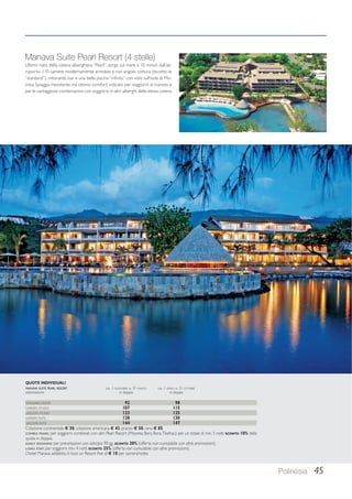 Polinesia 45 
Manava Suite Pearl Resort (4 stelle) 
Ultimo nato della catena alberghiera “Pearl”, sorge sul mare a 10 minuti dall’ae-roporto. 
110 camere modernamente arredate e con angolo cottura (eccetto le 
“standard”), ristorante, bar e una bella piscina “infinity” con vista sull’isola di Mo-orea. 
Spiaggia inesistente ma ottimo comfort; indicato per soggiorni di transito e 
per le vantaggiose combinazioni con soggiorni in altri alberghi della stessa catena. 
QUOTE INDIVIDUALI 
MANAVA SUITE PEARL RESORT DAL 1 NOVEMBRE AL 31 MARZO DAL 1 APRILE AL 31 OTTOBRE 
sistemazione in doppia in doppia 
STANDARD ROOM 92 98 
GARDEN STUDIO 107 115 
LAGOON STUDIO 123 125 
GARDEN SUITE 128 130 
LAGOON SUITE 144 147 
Colazione continentale € 30; colazione americana € 43, pranzo € 50, cena € 85. 
COMBO PEARL: per soggiorni combinati con altri Pearl Resort (Moorea, Bora Bora, Tikehau) per un totale di min. 5 notti SCONTO 10% della 
quota in doppia. 
EARLY BOOKING: per prenotazioni con anticipo 90 gg. SCONTO 20% (offerta non cumulabile con altre promozioni). 
LONG STAY: per soggiorni min. 4 notti SCONTO 25% (offerta non cumulabile con altre promozioni). 
L’hotel Manava addebita in loco un Resort Fee di € 10 per camera/notte. 
 