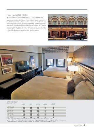Park Central (4 stelle) 
870 Seventh Avenue, 56th Street - 10019 Midtown 
La posizione centralissima è il punto di forza di questo albergo che conta ol-tre 
700 stanze distribuite su 18 piani. Si trova a pochi passi dalla fermata della 
metropolitana e in prossimità di Times Square, MOMA, Fifth Avenue e Rocke-feller 
Center. Spaziosa lobby, accogliente e moderna; ristorante, bar e palestra. 
Le camere, tutte non fumatori arredate in stile moderno e di dimensioni stan-dard 
(25-30 mq.), si differenziano in base al numero e alla dimensione dei letti 
(Queen bed/ King bed oppure 2-double bed). WiFi a pagamento. 
New York 5 
QUOTE INDIVIDUALI 
solo pernottamento in in in primo secondo 
doppia singola uso tripla bambino bambino 
CAMERA STANDARD 
1-NOV 30-NOV 182 364 142 61 20 
1-DIC 13-DIC 228 455 165 61 20 
14-DIC 27-DIC 121 242 110 61 20 
28-DIC 1-GEN 263 526 196 61 20 
2-GEN 28-FEB 116 232 98 61 20 
1-MAR 31-MAR 136 273 111 61 20 
1-APR 5-APR 190 380 147 61 20 
6-APR 30-APR 170 340 134 61 20 
Camera doppia standard = 1 “queen bed”. Max occupazione 4 persone in camera standard con 2 letti. 
Bambini = minori 18 anni. Family Plan: un bambino può essere alloggiato anche gratis in camera doppia standard con letto queen con 
2 adulti, pagherà in loco l’eventuale letto extra (“rollaway”), se disponibile, al costo indicativo di $ 25 al giorno. 
 