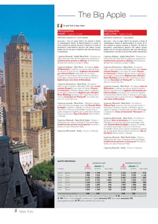 8 New York 
The Big Apple 
Con guide locali di lingua italiana. 
PROGRAMMA 
SMART - 6 giorni / 4 notti 
PARTENZE GARANTITE - OGNI VENERDÌ 
INCLUDE - VOLI DI LINEA DIRETTI DA MILANO E ROMA, 
2 TRASFERIMENTI PRIVATI, 4 PERNOTTAMENTI IN HOTEL, 3 
VISITE GUIDATE IN LINGUA ITALIANA, 1 PRANZO E 1 CENA IN 
RISTORANTI CARATTERISTICI, BIGLIETTI PER LIBERTY ISLAND, 
EMPIRE, TOP OF THE ROCK E BIGLIETTO PER UNO SPETTACOLO 
DI BROADWAY. 
1 giorno, Venerdì - Italia/ New York - Partenza con 
volo di linea per New York. Accoglienza in aeroporto e 
trasferimento privato in albergo. Pernottamento 
all’hotel Park Central (o similare 4 stelle). 
2 giorno, Sabato - New York - Al mattino, visita 
di Manhattan in pullman con alcune soste. Al termi-ne 
del tour la guida fornirà il biglietto del battello 
per Liberty Island (visita libera, non è incluso 
l’ingresso al monumento). Rientro libero in albergo e 
pomeriggio a disposizione. Per la serata, forniremo il 
biglietto per uno show di Broadway. 
3 giorno, Domenica - New York - Al mattino, 
dopo un giro orientativo dell’Upper West Side, messa 
cantata Gospel in una chiesa di Harlem. Pranzo 
in ristorante a Midtown. Rientro libero in albergo e 
pomeriggio a disposizione. Biglietto per l’Empire 
State Building (ascensore per l’osservatorio pano-ramico). 
Cena Jazz al “Swing 46” (o similare jazz 
club con musica dal vivo). 
4 giorno, Lunedì - New York - Mattinata a disposi-zione. 
Nel tardo pomeriggio visita della Grande Mela 
by Night in pullman e battello con alcune soste lungo 
il percorso e termine al Rockefeller Center dove la 
guida consegnerà il biglietto per la salita libera all’osser-vatorio 
panoramico Top of the Rock. Rientro libero 
in albergo. 
5 giorno, Martedì - New York/ Italia - Tempo a 
disposizione per visite e shopping. A fine pomeriggio, 
trasferimento privato in aeroporto. Partenza in 
serata con volo di linea per l’Italia. 
6 giorno, Mercoledì - Italia - Arrivo in mattinata. 
PROGRAMMA 
EXECUTIVE - 7 giorni / 5 notti 
PARTENZE GARANTITE - OGNI SABATO 
INCLUDE - VOLI DI LINEA DIRETTI DA MILANO E ROMA, 2 
TRASFERIMENTI PRIVATI, 5 PERNOTTAMENTI IN HOTEL, 4 VI-SITE 
GUIDATE IN LINGUA ITALIANA, 1 PRANZO E 2 CENE IN 
RISTORANTI CARATTERISTICI, BIGLIETTI PER LIBERTY ISLAND, 
EMPIRE, TOP OF THE ROCK, BIGLIETTO PER UNO SPETTACOLO 
DI BROADWAY E UN GIRO IN ELICOTTERO SOPRA MANHATTAN. 
1 giorno, Sabato - Italia/ New York - Partenza con 
volo di linea per New York. Accoglienza in aeroporto e 
trasferimento privato in albergo. Pernottamento 
all’hotel Park Central (o similare 4 stelle). 
2 giorno, Domenica - New York - Al mattino, 
dopo un giro orientativo dell’Upper West Side, messa 
cantata Gospel in una chiesa di Harlem. Pranzo 
in ristorante a Midtown. Rientro libero in albergo e 
pomeriggio a disposizione. Biglietto per l’Empire 
State Building (ascensore per l’osservatorio pano-ramico). 
Cena Jazz al “Swing 46” (o similare jazz 
club con musica dal vivo). 
3 giorno, Lunedì - New York - Al mattino, visita di 
Manhattan in pullman con alcune soste. Al termine 
del tour la guida fornirà il biglietto del battello per 
Liberty Island (visita libera, non è incluso l’ingresso 
al monumento). Rientro libero in albergo e pomeriggio 
a disposizione. Per la serata, forniremo il biglietto per 
uno show di Broadway. 
4 giorno, Martedì - New York - Al mattino il 
Triboro Tour ovvero la visita dei quartieri esterni a 
Manhattan: The Bronx, Queens e Brooklyn, ognuno 
dotato di identità e caratteristiche peculiari. Pomeriggio 
a disposizione. Cena al ristorante “Etcetera” (o 
similare). 
5 giorno, Mercoledì - New York - Al mattino un 
fantastico Giro in elicottero di 15 minuti sopra 
Manhattan e la sua baia. Nel tardo pomeriggio visita 
della Grande Mela by Night in pullman e battello 
con alcune soste lungo il percorso e termine al 
Rockefeller Center dove la guida consegnerà il biglietto 
per la salita libera all’osservatorio panoramico Top of 
the Rock. Rientro libero in albergo. 
6 giorno, Giovedì - New York/ Italia - Tempo a 
disposizione per visite e shopping. A fine pomeriggio, 
trasferimento privato in aeroporto. Partenza in 
serata con volo di linea per l’Italia. 
7 giorno, Venerdì - Italia - Arrivo in mattinata. 
QUOTE INDIVIDUALI 
PROGRAMMA SMART PROGRAMMA EXECUTIVE 
in doppia da Milano da Roma supp. singola da Milano da Roma supp. singola 
1-NOV 26-NOV 1.800 1.740 728 2.225 2.165 910 
27-NOV 14-DIC 1.985 1.925 912 2.455 2.395 1.140 
15-DIC 23-DIC 2.105 2.095 484 2.465 2.455 605 
24-DIC 4-GEN 2.675 2.755 1.052 3.175 3.255 1.315 
5-GEN 24-FEB 1.540 1.525 464 1.895 1.880 580 
25-FEB 31-MAR 1.620 1.605 544 1.995 1.980 680 
1-APR 6-APR 1.970 1.910 760 2.400 2.340 950 
7-APR 30-APR 1.825 1.760 760 2.235 2.170 950 
TASSE AEROPORTUALI (circa): 240 350 240 350 
Con Alitalia da Milano e altri scali Nord e Centro Italia incluso Napoli riduzione € 80; da aeroporti Sud Italia supplemento 
€ 100. Minori 12 anni (alloggiati in camera con 2 adulti) RIDUZIONE 25%. Terzo adulto RIDUZIONE 10%. 
Quota gestione pratica € 70 adulti e bambini dai 2 anni in poi. 
 