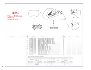 98
Ref. Qtd.
Item de serviço T.M.O. Nº da peça Descrição Nota Nº de série
Nº XLX 250R
1 87119-KB7-710ZA EMBLEMA, PARALAMA DIANTEIRO *TIPO I* ............................. 1 .................. .................... .......................
87119-KB7-710ZB EMBLEMA, PARALAMA DIANTEIRO *TIPO II* ............................ 1 .................. .................... .......................
2 87122-KB7-710ZA FAIXA DIR., TANQUE COMBUSTÍVEL *TIPO I*........................... 1 .................. .................... .......................
87122-KB7-710ZB FAIXA DIR., TANQUE COMBUSTÍVEL *TIPO II*.......................... 1 .................. .................... .......................
3 87123-KB7-710ZA FAIXA ESQ., TANQUE COMBUSTÍVEL *TIPO I*.......................... 1 .................. .................... .......................
87123-KB7-710ZB FAIXA ESQ., TANQUE COMBUSTÍVEL *TIPO II*......................... 1 .................. .................... .......................
4 87125-KB7-710ZA FAIXA CARENAGEM *TIPO I*...................................................... 1 .................. .................... .......................
87125-KB7-710ZB FAIXA CARENAGEM *TIPO II*..................................................... 1 .................. .................... .......................
5 87126-KB7-710ZA EMBLEMA TAMPA LAT. DIR. *TIPO I*......................................... 1 .................. .................... .......................
87126-KB7-710ZB EMBLEMA TAMPA LAT. DIR. *TIPO II*........................................ 1 .................. .................... .......................
6 87127-KB7-710ZA EMBLEMA TAMPA LAT. ESQ. *TIPO I*........................................ 1 .................. .................... .......................
87127-KB7-710ZB EMBLEMA TAMPA LAT. ESQ. *TIPO II*....................................... 1 .................. .................... .......................
7 87128-KB7-710ZA FAIXA, TAMPA LAT. DIR. *TIPO I* ............................................... 1 .................. .................... .......................
87128-KB7-710ZB FAIXA, TAMPA LAT. DIR. *TIPO II* .............................................. 1 .................. .................... .......................
8 87129-KB7-710ZA FAIXA, TAMPA LAT. ESQ. *TIPO I*.............................................. 1 .................. .................... .......................
87129-KB7-710ZB FAIXA, TAMPA LAT. ESQ. *TIPO II*............................................. 1 .................. .................... .......................
9 87137-KB7-970 EMBLEMA, GARFO DIANTEIRO ................................................. 2 .................. .................... .......................
C-27.4
Faixas • Emblemas
(MODELO 88)
(JR100001~JR110126)
TIPO
COR POSIÇÃO
PRINCIPAL A B C D E F G H I
TIPO I R-134
BRANCO
LARANJA PRETO VERMELHO VERMELHO
BRANCO
LARANJA
BRANCO
PRETO
PÉROLA PÉROLA PÉROLA
TIPO II NH-138
AMARELO
AZUL AZUL BRANCO AZUL AZUL BRANCO BRANCO AZUL
PÉROLA
TABELA DE CORES DAS FAIXAS E EMBLEMAS
 