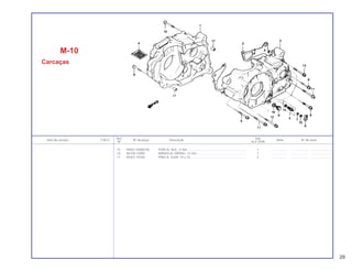 Ref. Qtd.
Item de serviço T.M.O. Nº da peça Descrição Nota Nº de série
Nº XLX 250R
15 94001-04000-0S PORCA, SEX., 4 mm .................................................................... 1 .................. .................... .......................
16 94109-12000 ARRUELA, DRENO, 12 mm ......................................................... 1 .................. .................... .......................
17 94301-10160 PINO A, GUIA, 10 x 16................................................................. 2 .................. .................... .......................
M-10
Carcaças
29
 