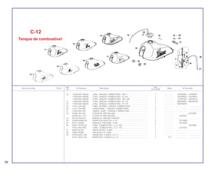 58
Ref. Qtd.
Item de serviço T.M.O. Nº da peça Descrição Nota Nº de série
Nº XLX 250R
16 17500-KB7-800ZA CONJ. TANQUE COMBUSTÍVEL *NH-1*..................................... 1 .................. KR200001~LR300931
17500-KB7-800ZB CONJ. TANQUE COMBUSTÍVEL *R-134* ................................... 1 .................. KR200001~LR300931
17500-KB7-830ZA CONJ. TANQUE COMBUSTÍVEL *NH-138*................................. 1 .................. LR301001~LR304633
17 17500-KB7-840ZA CONJ. TANQUE COMBUSTÍVEL *R-119* ................................... 1 .................. MR306001~MR308762
18 17500-KB7-880ZA CONJ. TANQUE COMBUSTÍVEL *R-119* ................................... 1 .................. MR200001~
19 17521-429-000 TUBO, RESPIRO, TANQUE COMBUSTÍVEL................................ 1 .................. .................... .......................
20 17611-429-000 COXIM DIANT., TANQUE COMBUSTÍVEL .................................. 2 .................. .................... .......................
21 17620-KB7-901 TAMPA, COMP., TANQUE COMBUSTÍVEL ................................. 1 .................. .................... .......................
22 87560-397-630 ETIQUETA, PRECAUÇÃO............................................................ 1 .................. ~2037000
87560-KE2-710 ETIQUETA, PRECAUÇÃO............................................................ 1 .................. 2037001~
23 90136-428-870 ARRUELA, FIXAÇÃO TANQUE.................................................... 1 .................. .................... .......................
24 93500-04008-0A PARAFUSO PHILLIPS, 4 x 8 ........................................................ 2 .................. 2012689~
25 94111-04000 ARRUELA, PRESSÃO, 4 mm ....................................................... 2 .................. 2012689~
26 95001-55100-40 TUBO, COMBUSTÍVEL, 5,3 x 100................................................ 1 .................. ~2037000
91461-KB7-980 TUBO, COMBUSTÍVEL, 5,3 x 170................................................ 1 .................. 2037001~
27 95002-02100 PRESILHA B10, TUBO ................................................................. 2 .................. .................... .......................
28 95002-50000 PRESILHA C9, TUBO................................................................... 1 .................. .................... .......................
29 95700-06012-00 PARAFUSO, FLANGE, 6 x 12 ...................................................... 1 .................. .................... .......................
95701-06012-00 PARAFUSO, FLANGE, 6 x 12 ...................................................... 1 Y-Y .................... .......................
C-12
Tanque de combustível
 