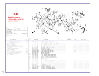70
Ref. Qtd.
Item de serviço T.M.O. Nº da peça Descrição Nota Nº de série
Nº XLX 250R
1 40150-KB7-000 CAPA, CORRENTE TRANSMISSÃO ............................................ 1 .................. .................... .......................
2 40530-KB7-941 CORRENTE, TRANSMISSÃO (520VC-98LE) ............................... 1 .................. .................... .......................
40530-KB7-942 CORRENTE, TRANSMISSÃO (520KO-98LE)............................... 1 .................. .................... .......................
3 50710-377-000 BORRACHA, PEDAL APOIO........................................................ 2 .................. .................... .......................
4 50711-473-000 SUPORTE, PEDAL APOIO TRAS ................................................. 2 .................. .................... .......................
5 50712-413-000 ARRUELA, PEDAL APOIO TRAS ................................................. 2 .................. .................... .......................
6 50715-413-000 PEDAL, APOIO TRAS................................................................... 2 .................. .................... .......................
7 50720-KB7-000 PROTETOR, PEDAL APOIO......................................................... 1 .................. .................... .......................
8 52100-KB7-940ZA CONJ. GARFO TRAS. *NH-35M*................................................. 1 .................. .................... .......................
52100-KB7-305ZA CONJ. GARFO TRAS. *NH-35M*................................................. 1 N-Y .................... .......................
9 52109-430-300 BUCHA, GARFO TRAS ................................................................ 2 .................. .................... .......................
10 52141-435-730 EIXO, GARFO TRAS..................................................................... 1 .................. .................... .......................
11 52144-356-003 CAPA, RETENTORA PÓ GARFO TRAS ....................................... 2 .................. .................... .......................
52144-356-005 CAPA, RETENTORA PÓ GARFO TRAS ....................................... 2 .................. .................... .......................
12 52155-KB7-000 SAPATA, CORRENTE TRANSMISSÃO ........................................ 1 .................. .................... .......................
13 52156-KB7-000 PROTETOR, CORRENTE TRANSMISSÃO ................................... 1 .................. .................... .......................
14 52158-MC4-000 BUCHA, 8 x 29............................................................................. 1 .................. .................... .......................
15 52159-KB7-000 BUCHA, 6 x 10............................................................................. 2 .................. .................... .......................
16 52170-MC4-000 GUIA, CORRENTE TRANSMISSÃO ............................................. 1 .................. .................... .......................
17 52171-MC4-000 BUCHA, APOIO CORRENTE ....................................................... 4 .................. .................... .......................
18 61101-441-000 BUCHA, 6 x 4............................................................................... 1 .................. .................... .......................
19 80105-KB7-940 PARABARRO ............................................................................... 1 .................. .................... .......................
20 87121-GC4-300 EMBLEMA, GARFO TRAS............................................................ 2 .................. .................... .......................
87121-KB7-B00ZB EMBLEMA, GARFO TRAS. *TIPO II*............................................ 2 N-Y .................... .......................
21 87505-KB7-900 ETIQUETA, PRECAUÇÃO PNEUS ............................................... 1 .................. .................... .......................
22 87508-KB7-900 ETIQUETA, AJUSTADOR CORRENTE......................................... 1 .................. .................... .......................
C-18
Garfo traseiro
• Capa da corrente
(2000001~2023800)
CAPA, CORRENTE TRANSMISSÃO......................0,1
SUPORTE, PEDAL APOIO TRAS.
(INCLUI PEÇA RELATIVA)
• PEDAL APOIO TRAS.
(INCLUI PEÇA RELATIVA)
• PROTETOR, CORRENTE TRANSMISSÃO
• PARABARRO
CORRENTE, TRANSMISSÃO ................................0,6
• EIXO, GARFO TRAS.
CONJ. GARFO TRAS.............................................0,9
SAPATA, CORRENTE TRANSMISSÃO..................0,3
GUIA, CORRENTE TRANSMISSÃO.......................0,2
ROLAMENTO, GARFO TRAS ................................1.1
(UMA OU TODAS)
COR COR B
PRINCIPAL TIPO
R-119-BR
NH-138-BR TIPO II VERMELHO
NH-1-BR
 
